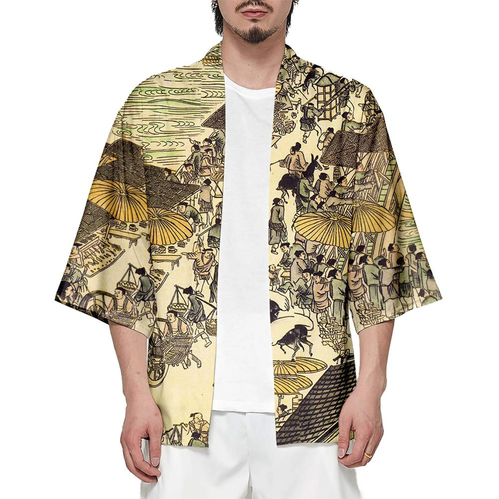 CIZEUR Cardigan Kimono Uomo Giapponese Maniche 3/4 Fantasia Floreale, 5XL - immagine 1