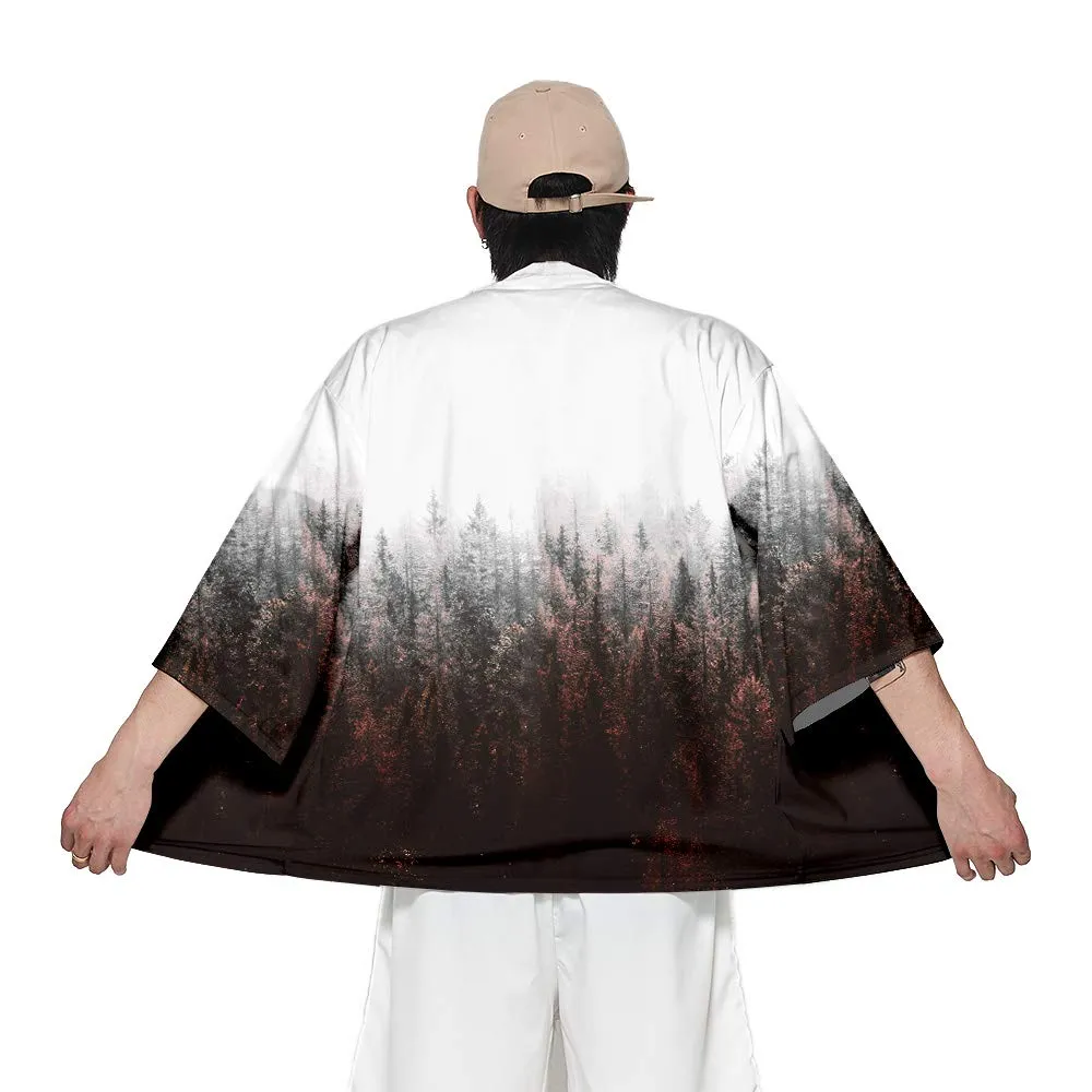 CIZEUR Cardigan Kimono Uomo Giapponese Maniche 3/4 Fantasia Floreale, S Forest - immagine 3