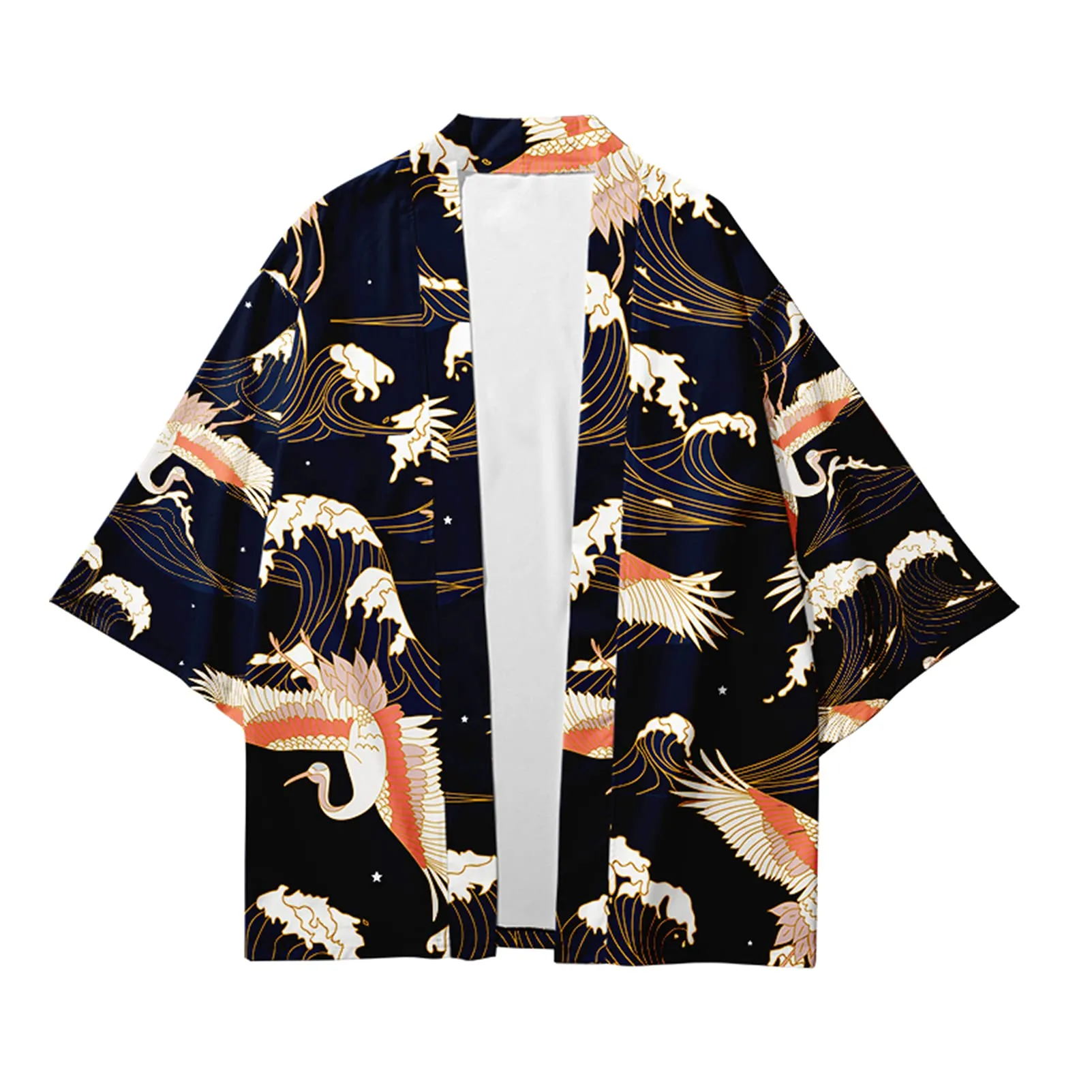 CIZEUR Camicia Kimono Uomo Maniche 3/4 Vintage Elegante Estiva Gru Bianca Arancione, XL - immagine 1