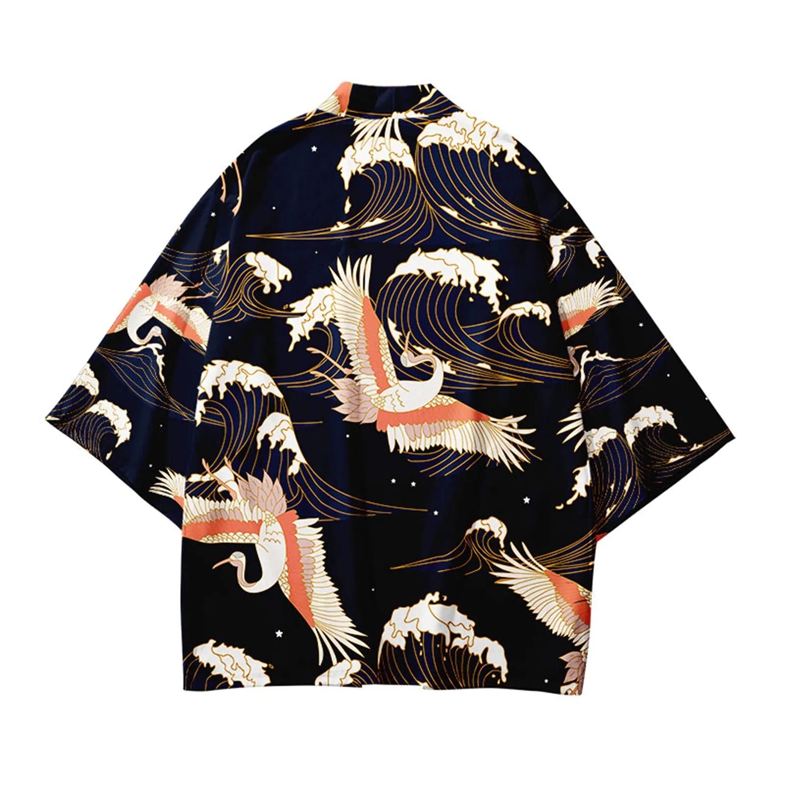 CIZEUR Camicia Kimono Uomo Maniche 3/4 Vintage Gru Bianca Arancione, 4XL - immagine 2