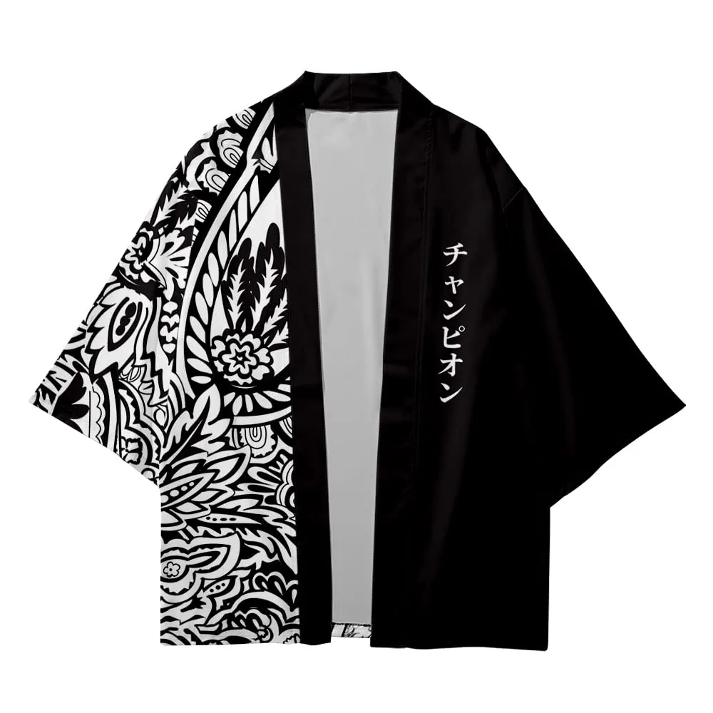 CIZEUR Kimono T-Shirt Uomo Maniche 3/4 Cardigan Giacca Casual, L Black White - immagine 3