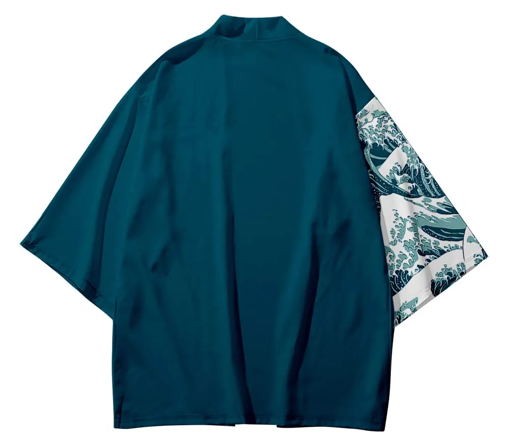 CIZEUR Camicia Kimono Uomo Maniche 3/4 Green Waves, 2XL - immagine 4