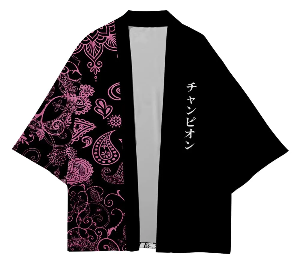 CIZEUR Camicia Kimono Uomo Maniche 3/4 Casual Vintage, XS Black Pink - immagine 3