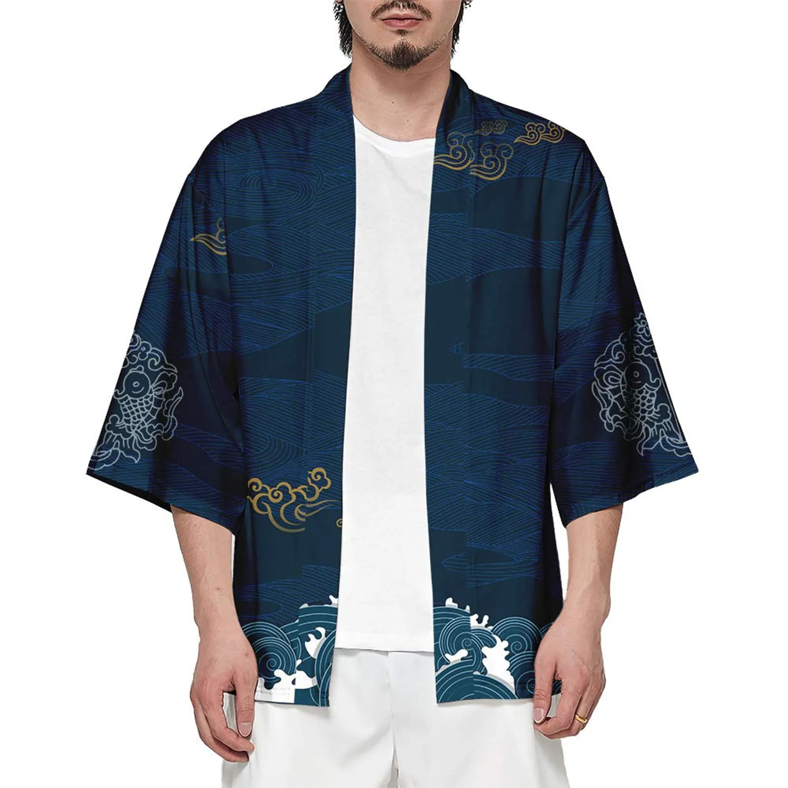 CIZEUR Cardigan Kimono Uomo Giapponese Maniche 3/4 Fantasia Gru, M backCrane - immagine 1