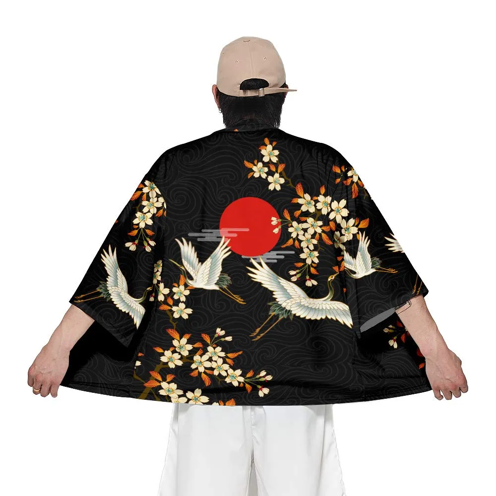 CIZEUR Cardigan Kimono Uomo Giapponese Maniche 3/4 Fantasia Suncrane, S - immagine 3