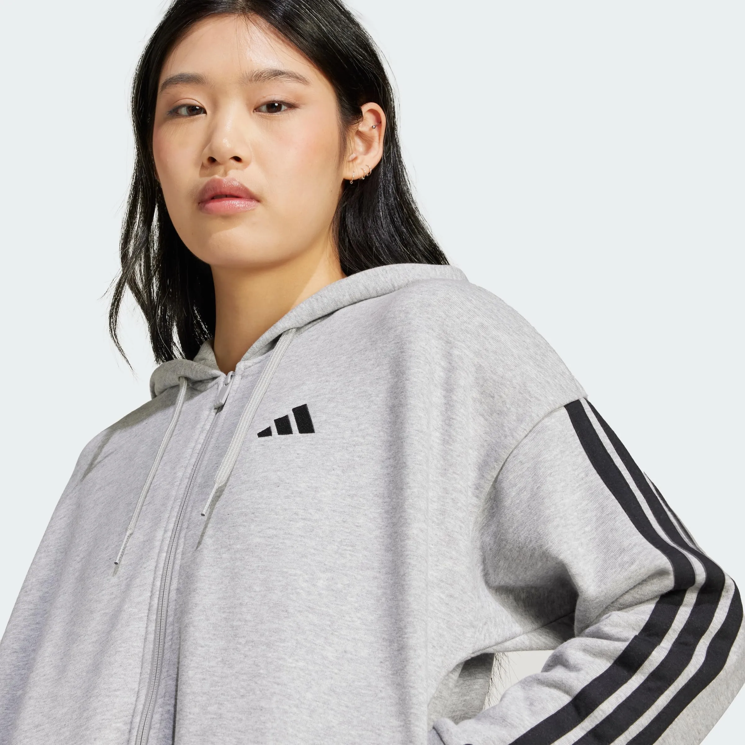 adidas Donna Essentials 3-Stripes French Terry Full Zip Hoodie, Medium Grey Heather/Black, M - immagine 2