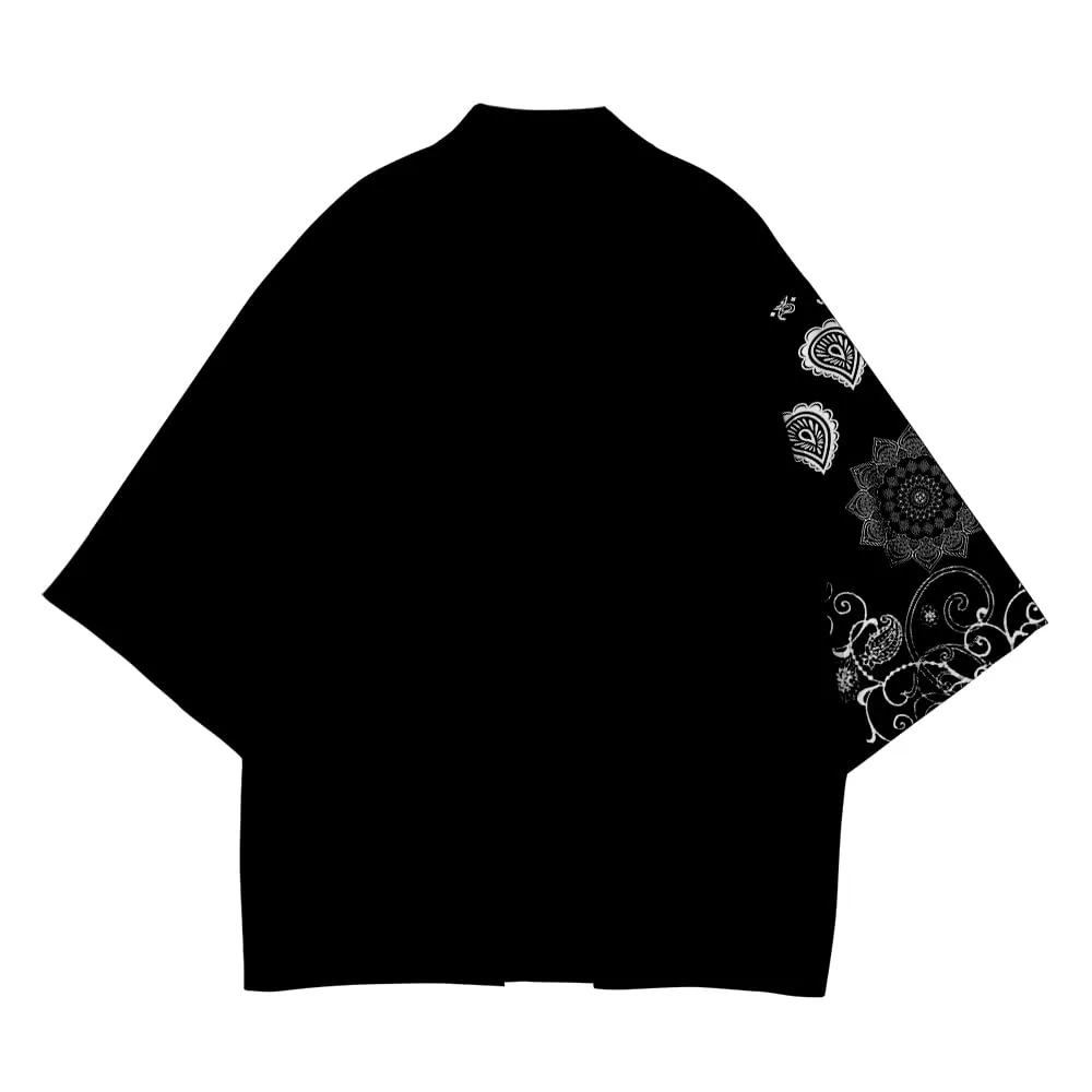 CIZEUR Men's Kimono Cardigan Jacket, 3/4 Sleeve, 4XL, Black with White Flowers - immagine 4
