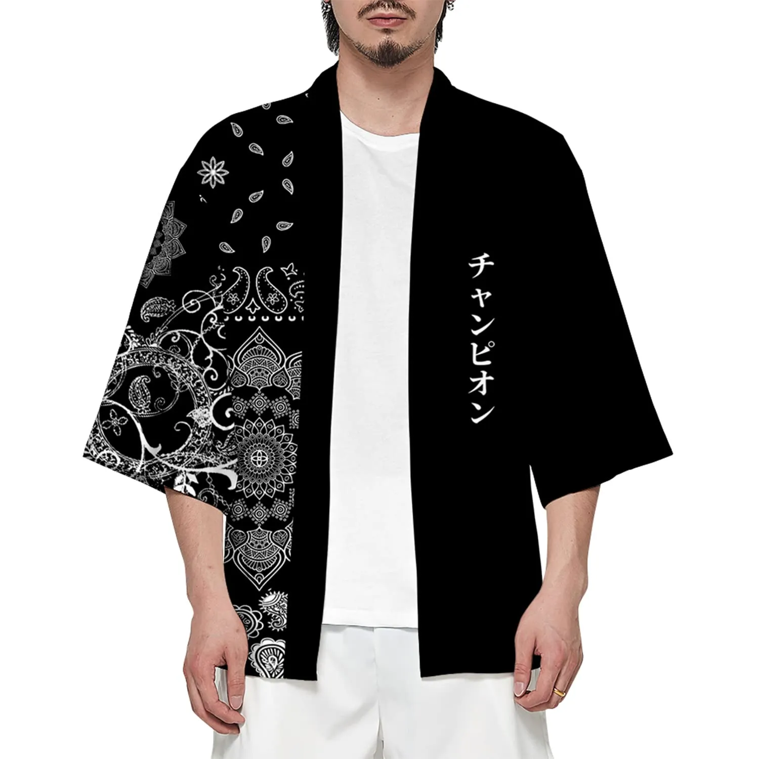 CIZEUR Men's Kimono Cardigan Jacket, XL, Black with White Flowers - immagine 1
