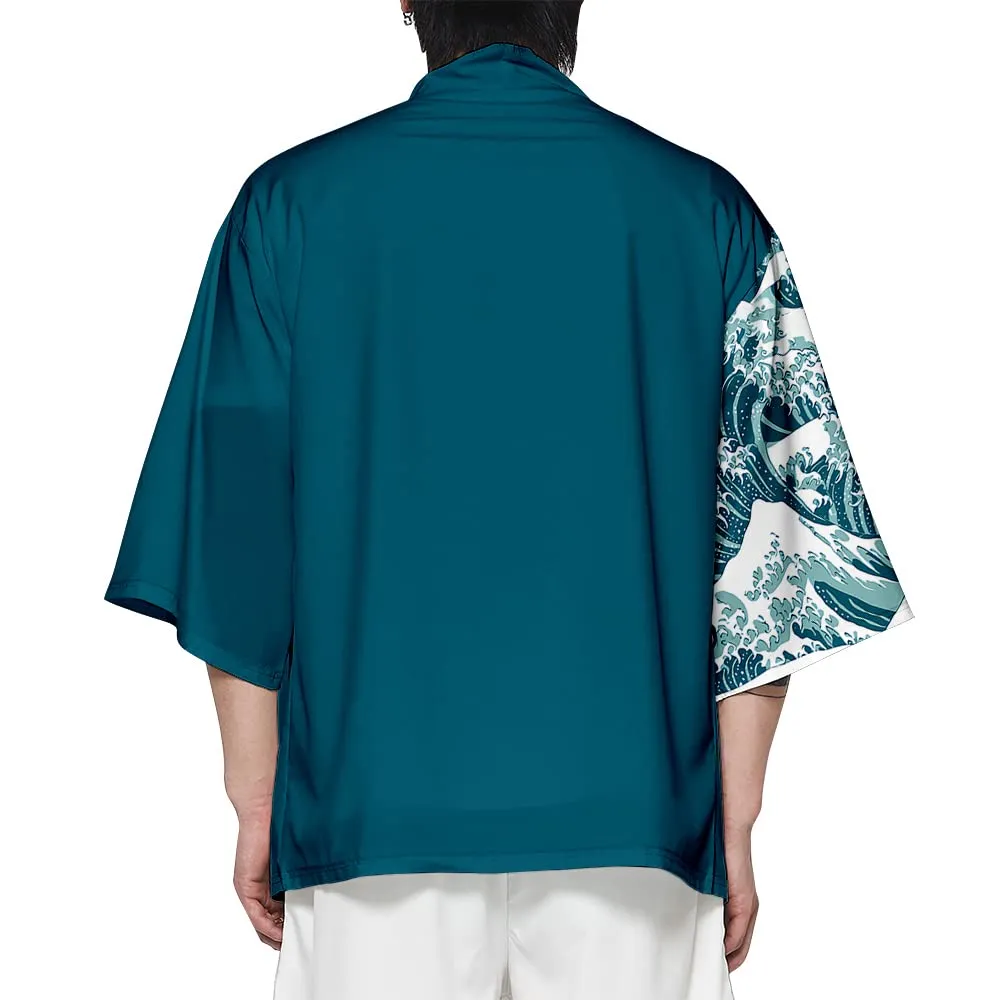 CIZEUR Camicia Kimono Uomo Maniche 3/4 Green Waves, M - immagine 2