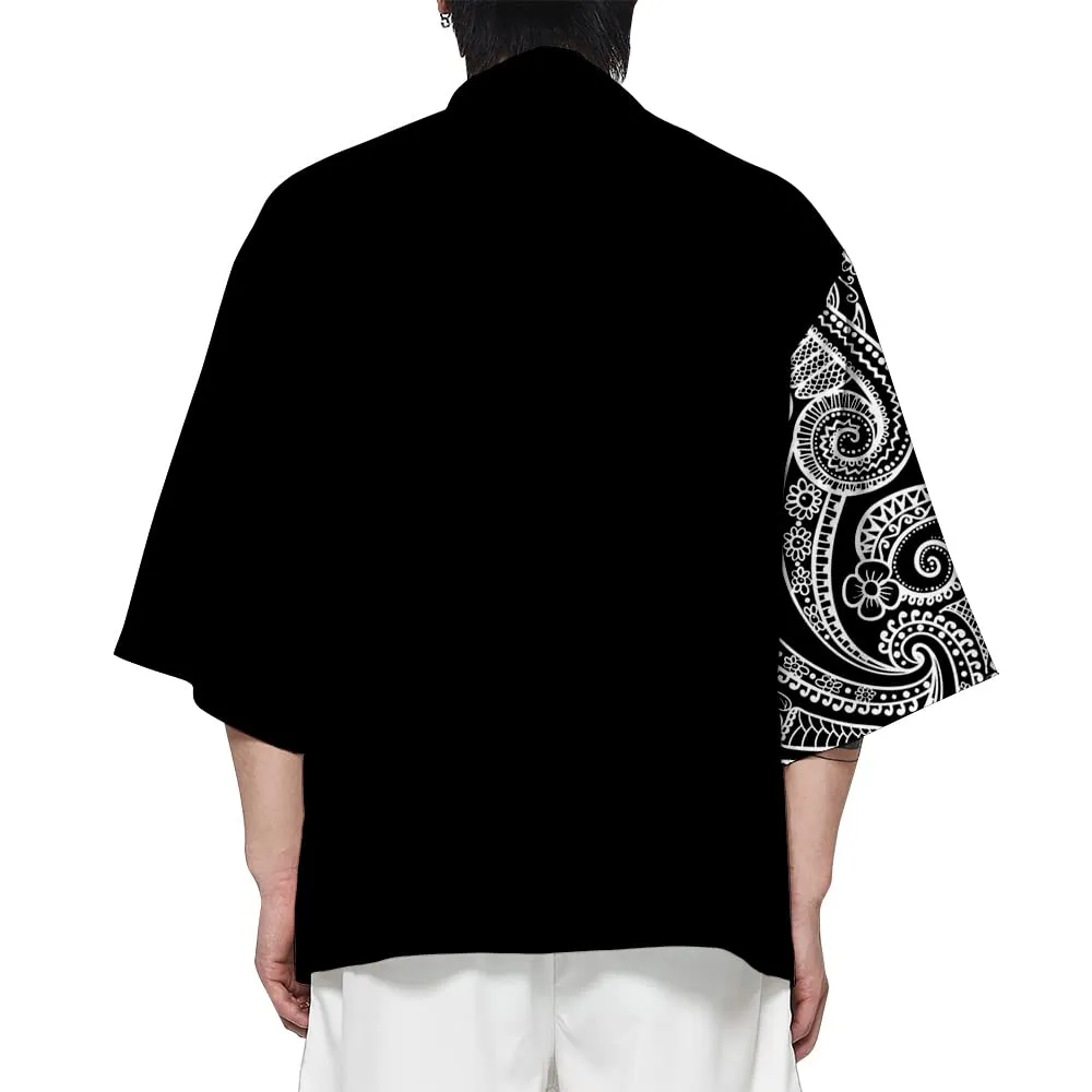 CIZEUR Kimono Cardigan Jacket for Men, L, Black with White Lace - immagine 2