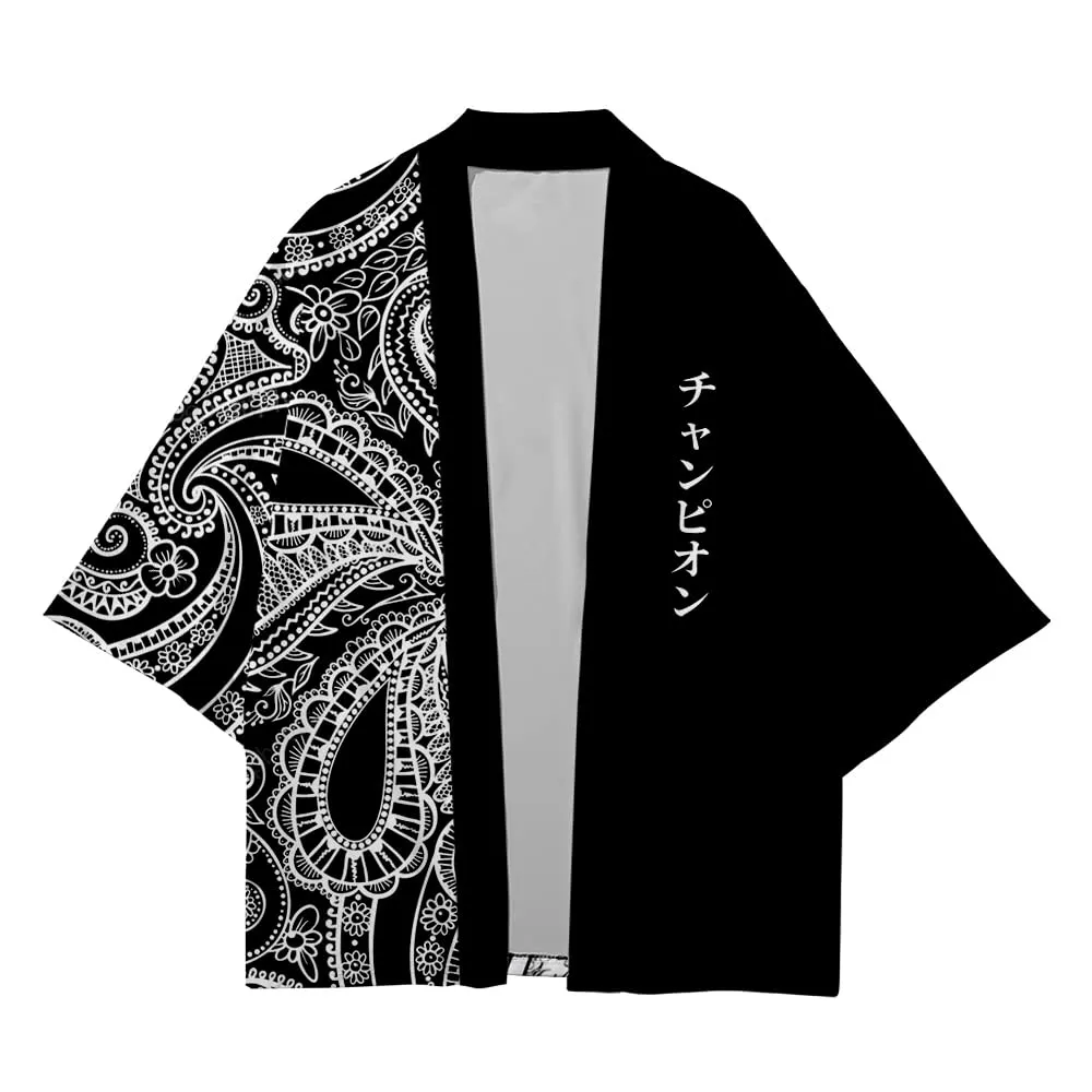 CIZEUR Kimono Shirt Cardigan Jacket for Men, S, Black with White Lace - immagine 3