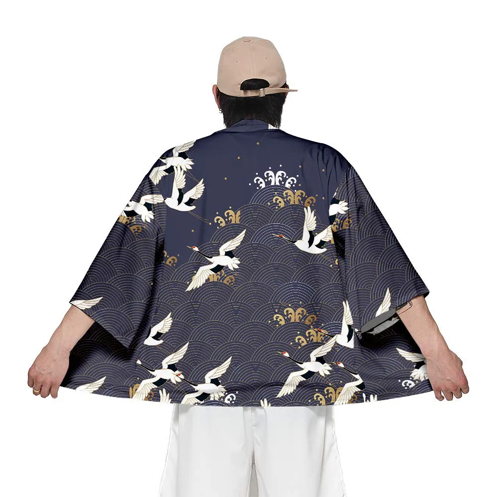 CIZEUR Kimono Cardigan Uomo Giapponese Maniche 3/4 Fantasia Gru, 2XL - immagine 3
