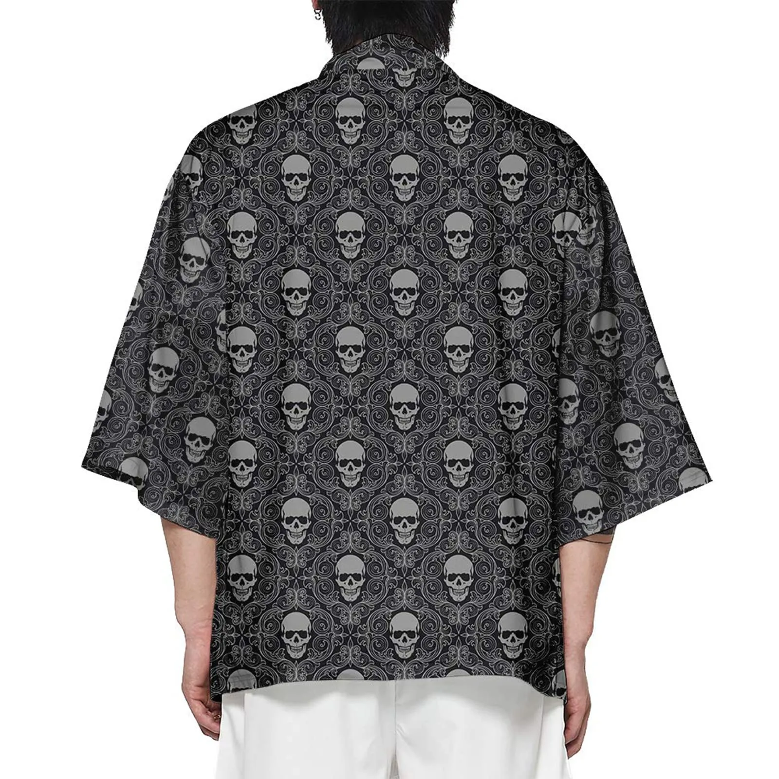 CIZEUR Cardigan Kimono Uomo Giapponese Maniche 3/4 Fantasia Skull, 4XL - immagine 2