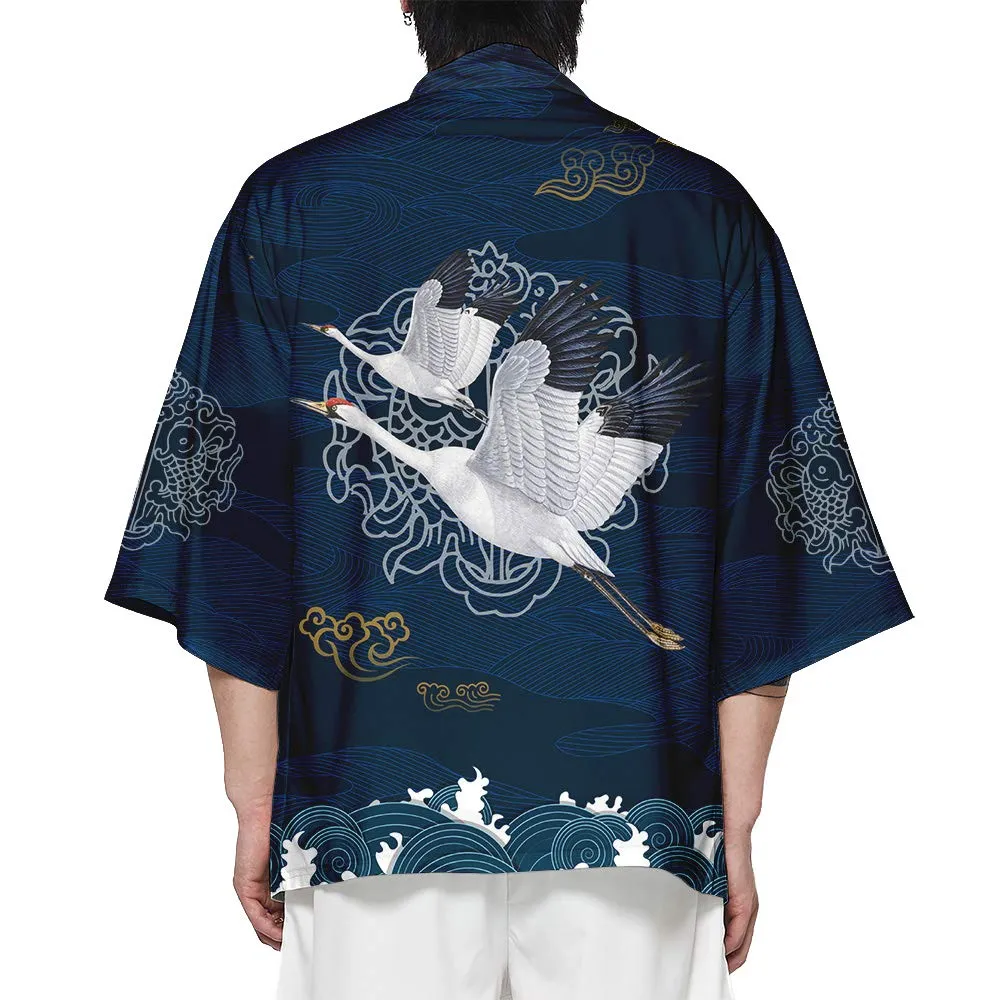 CIZEUR Cardigan Kimono Uomo Giapponese Fantasia Gru, 6XL BackCrane - immagine 2