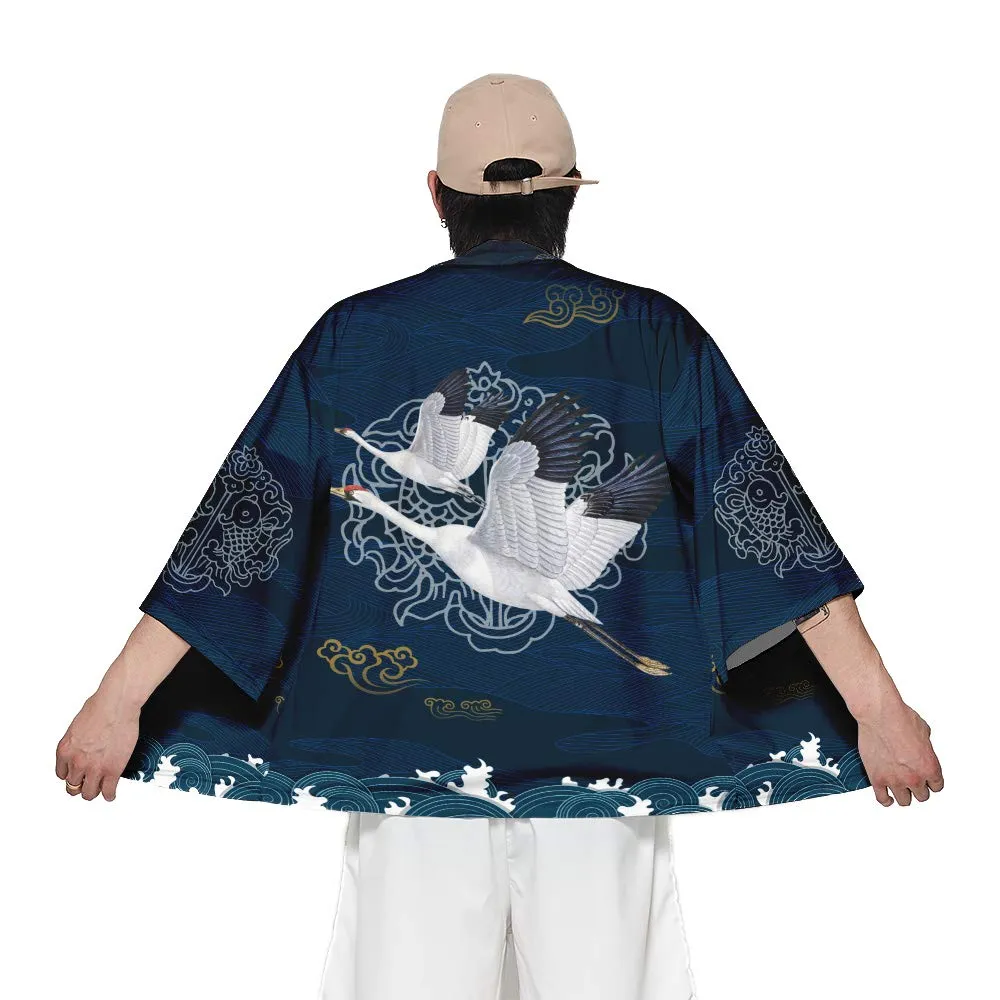 CIZEUR Cardigan Kimono Uomo Giapponese Fantasia Gru, 6XL BackCrane - immagine 3