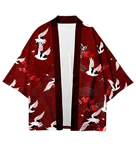 CIZEUR Camicia Kimono Uomo Maniche 3/4 Casual Vintage, M Vino Rosso - immagine 3