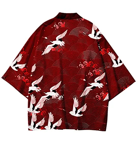 CIZEUR Camicia Kimono Uomo Maniche 3/4 Casual Vintage, M Vino Rosso - immagine 4