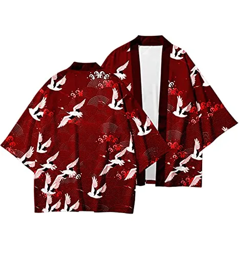 CIZEUR Camicia Kimono Uomo Maniche 3/4 Casual Vintage, M Vino Rosso - immagine 5