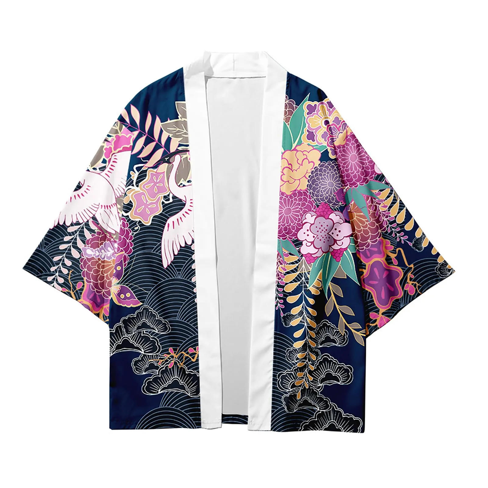 CIZEUR Camicia Kimono Uomo Maniche 3/4 Fiori Colorati e Gru, 6XL - immagine 2