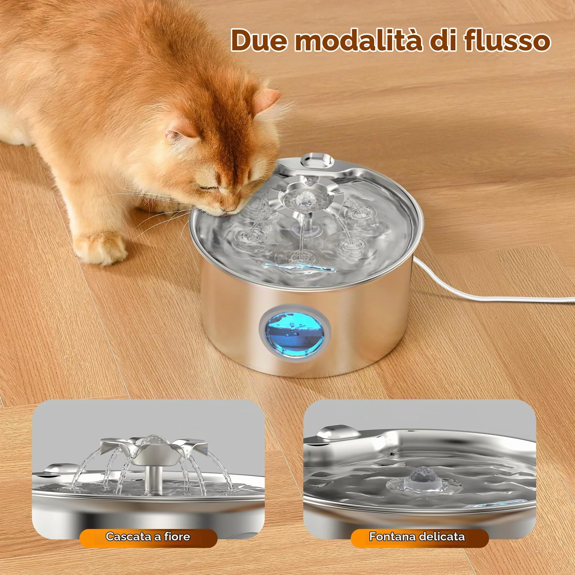IHOUONE Fontanella per Gatti in Acciaio Inossidabile, 2.6L, Distributore Acqua Automatico con Cascata a Fiore e Finestra di Livello - immagine 3