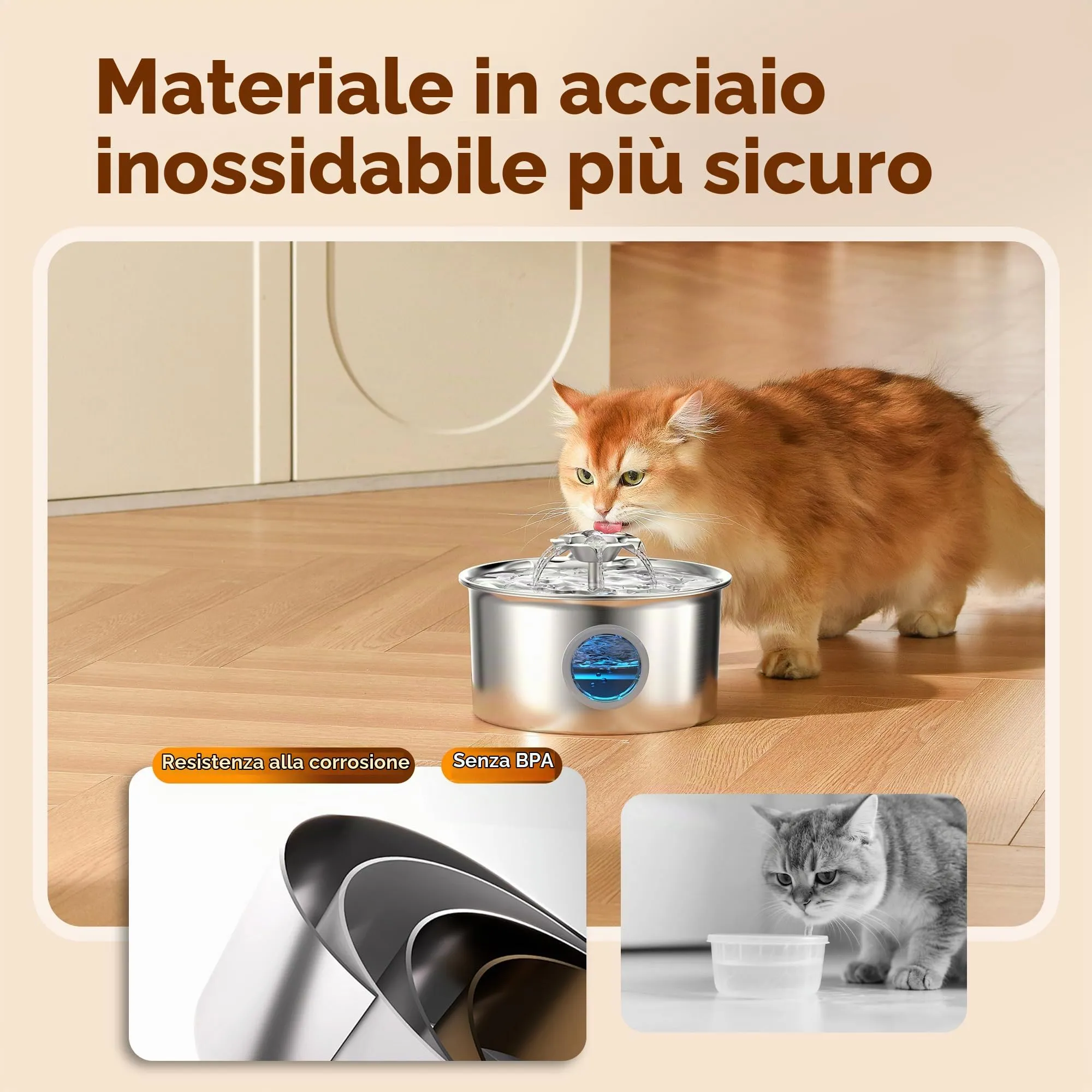 IHOUONE Fontanella per Gatti in Acciaio Inossidabile, 2.6L, Distributore Acqua Automatico con Cascata a Fiore e Finestra di Livello - immagine 4