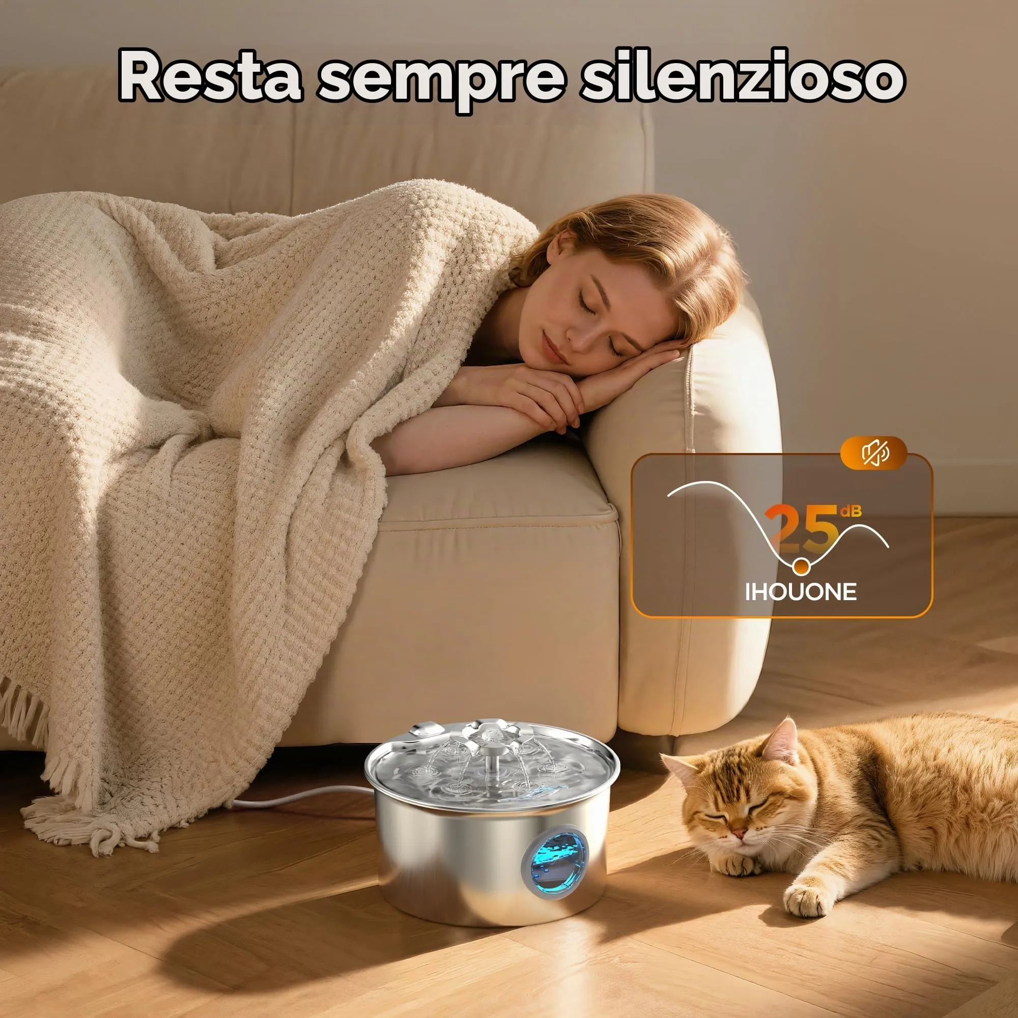 IHOUONE Fontanella per Gatti in Acciaio Inossidabile, 2.6L, Distributore Acqua Automatico con Cascata a Fiore e Finestra di Livello - immagine 5