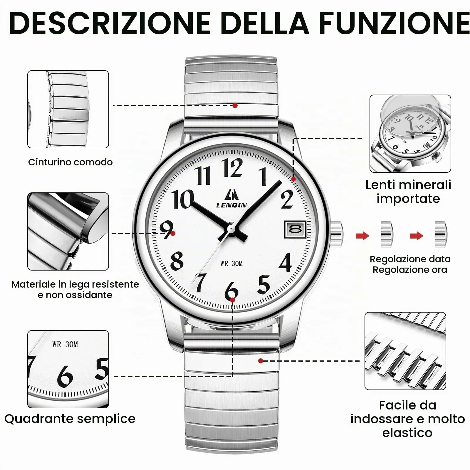 LN LENQIN Orologio Donna in Acciaio Inossidabile Analogico Quarzo 3ATM Argento Bianco L0162 - immagine 6