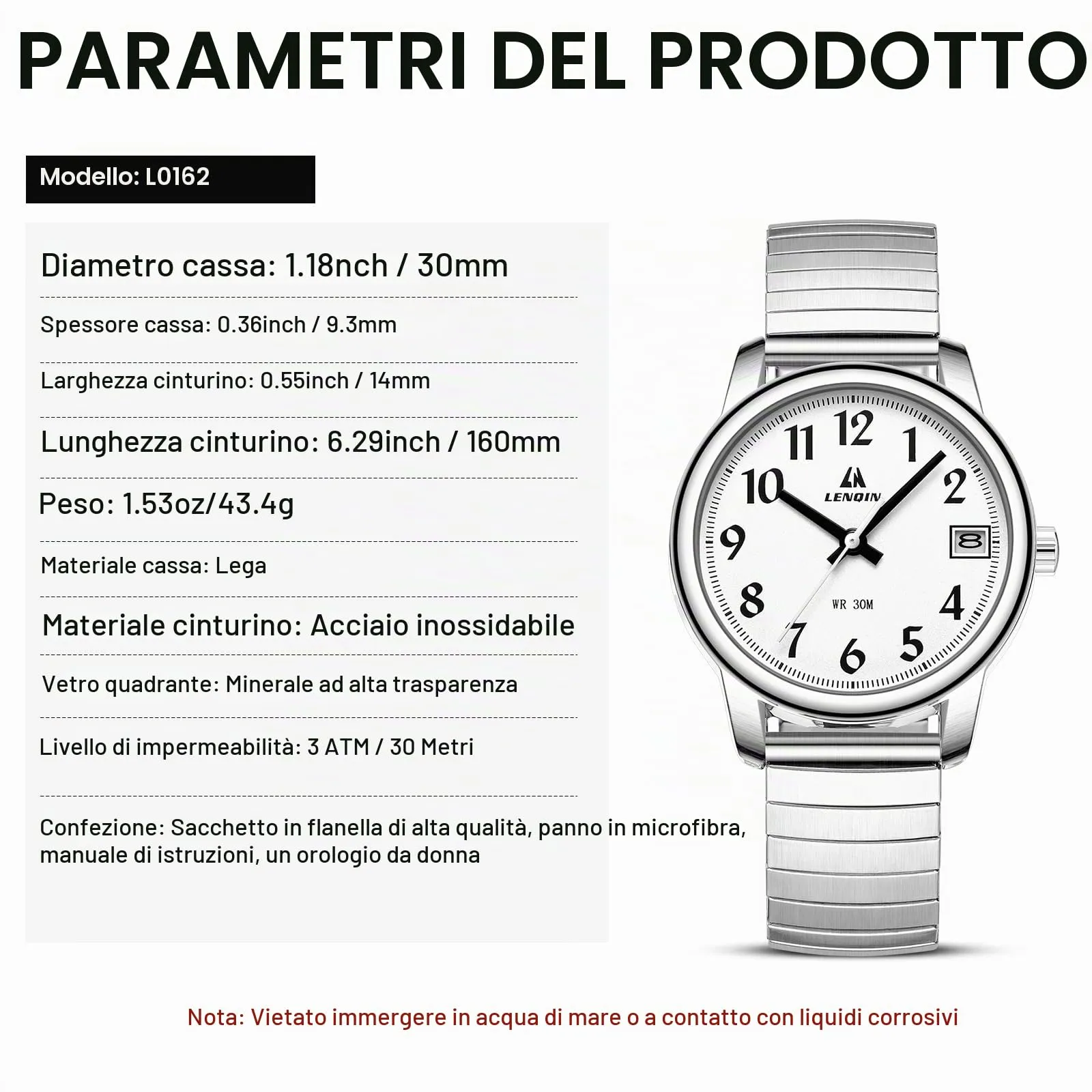 LN LENQIN Orologio Donna in Acciaio Inossidabile Analogico Quarzo 3ATM Argento Bianco L0162 - immagine 7