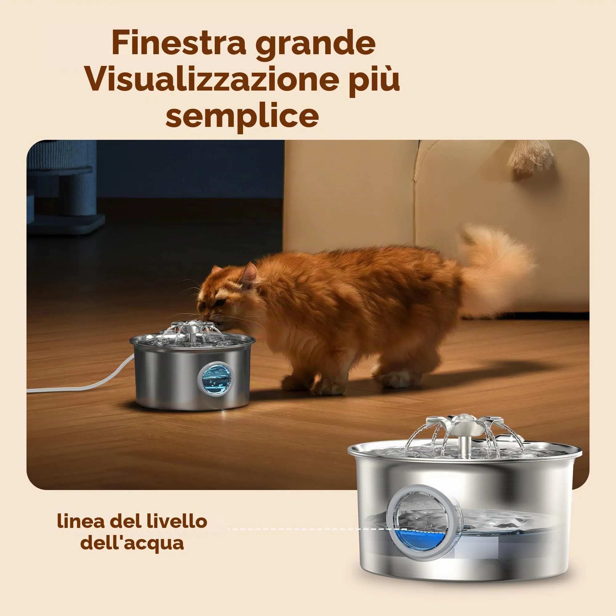 IHOUONE Fontanella Gatti in Acciaio Inossidabile, Distributore di Acqua Automatico 2.6L con Cascata a Fiore, include 8 Filtri e 8 Spugne - immagine 3
