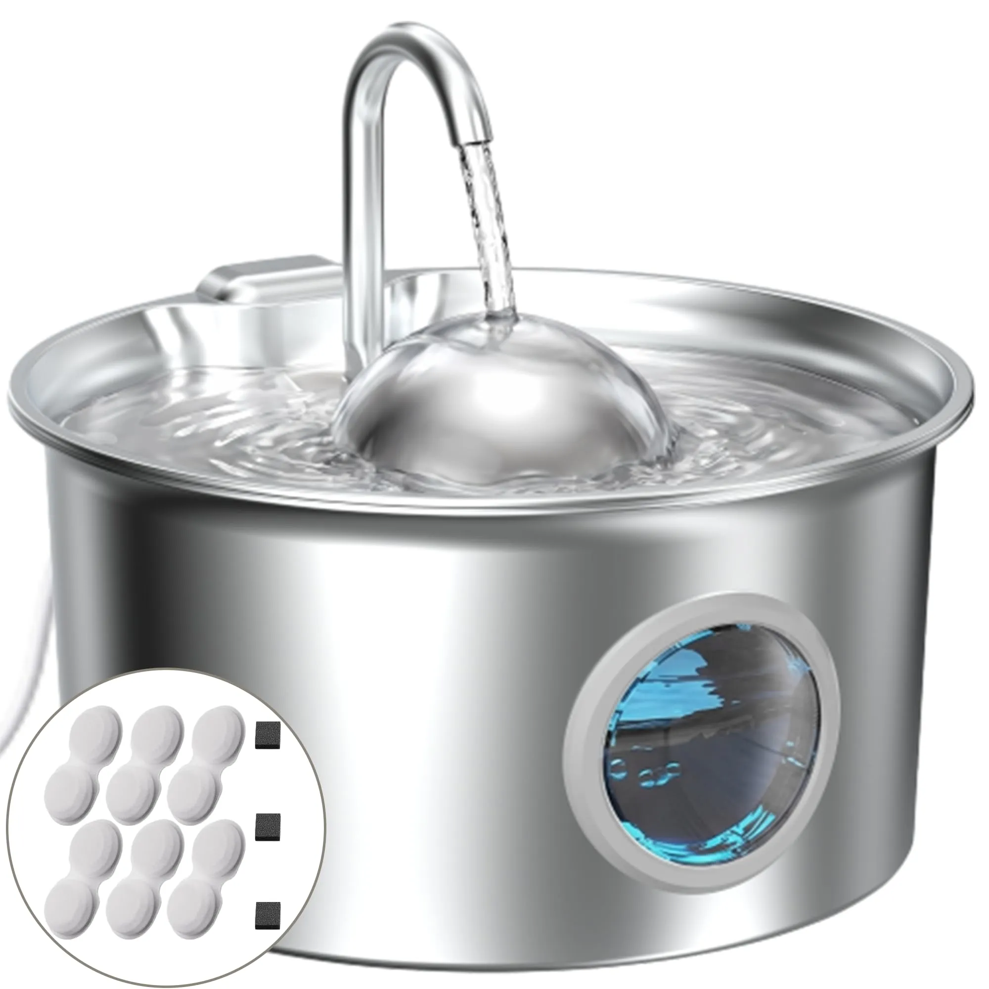 Dctrod Fontanella per Gatti in Acciaio Inossidabile, 2.6L, Distributore di Acqua Automatico con Finestra Livello Acqua, 6 Filtri e 3 Spugne - immagine 1