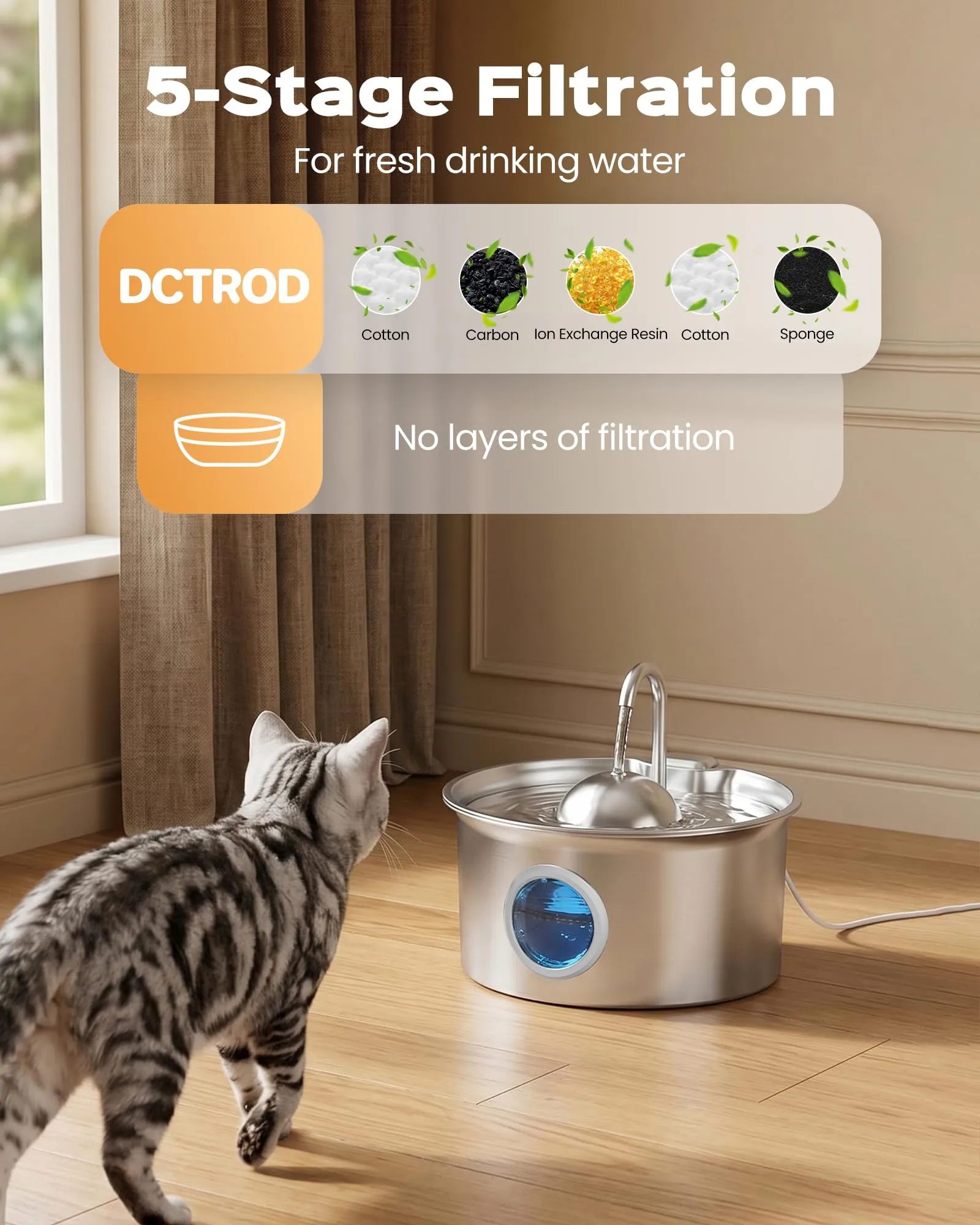 Dctrod Fontanella per Gatti in Acciaio Inossidabile, 2.6L, Distributore di Acqua Automatico con Finestra Livello Acqua, 6 Filtri e 3 Spugne - immagine 4