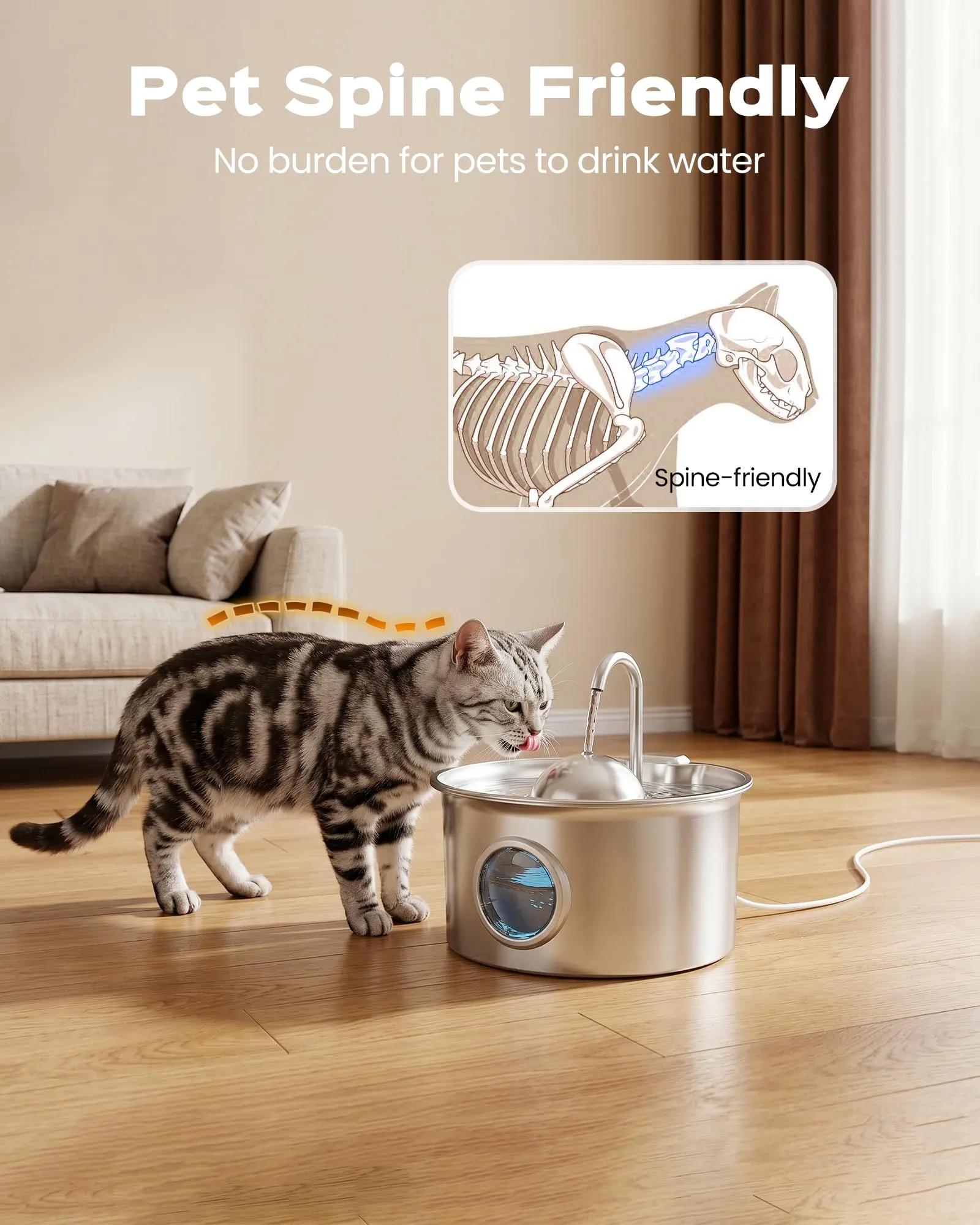 Dctrod Fontanella per Gatti in Acciaio Inossidabile, 2.6L, Distributore di Acqua Automatico con Finestra Livello Acqua, 6 Filtri e 3 Spugne - immagine 5