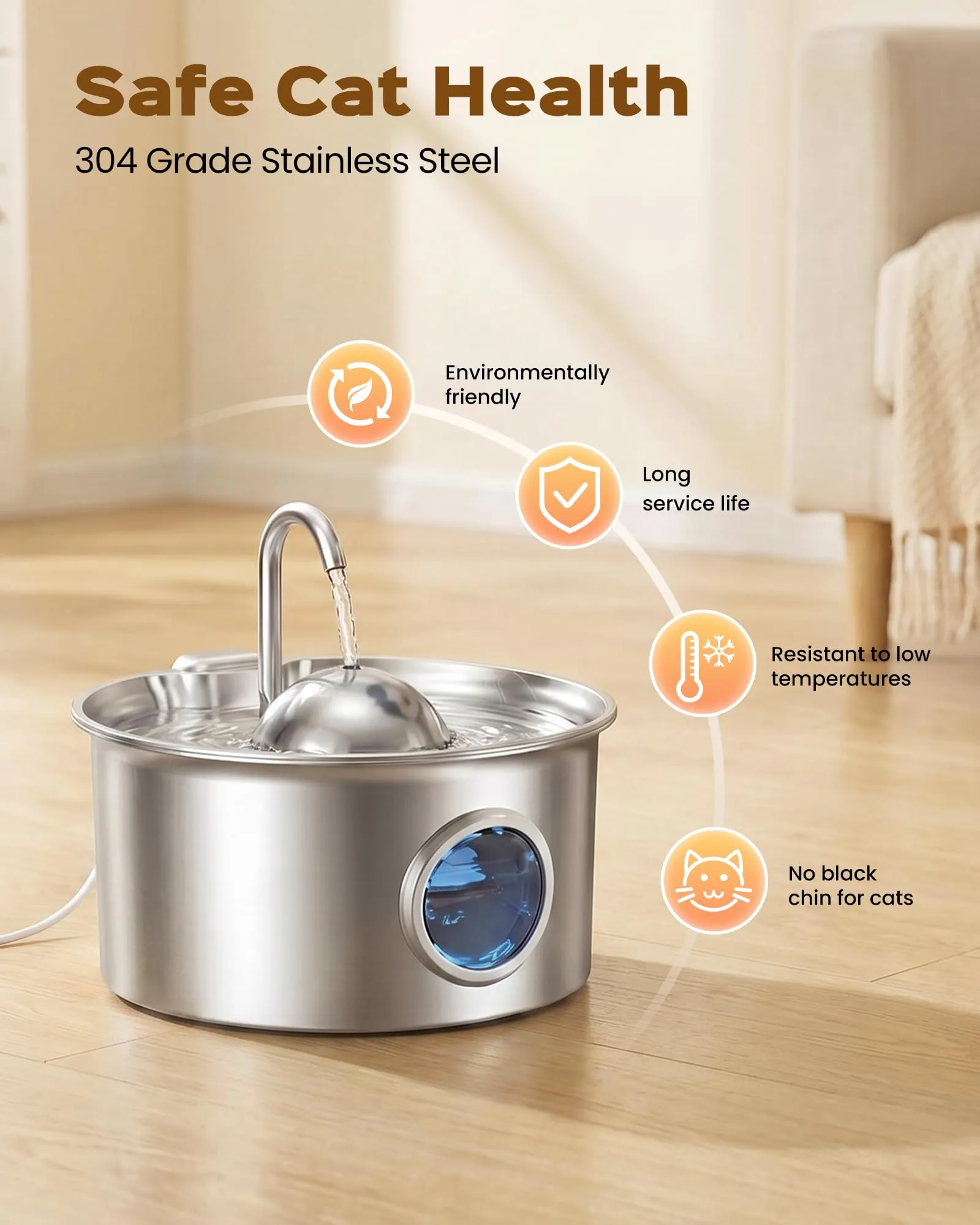 Dctrod Fontana per Gatti in Acciaio Inox, 2.6L, Distributore Acqua Automatico e Silenzioso con 8 Filtri e 8 Spugne - immagine 2