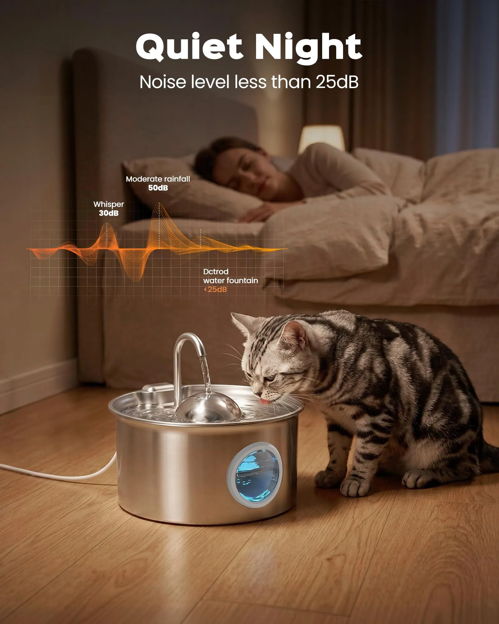 Dctrod Fontana per Gatti in Acciaio Inox, 2.6L, Distributore Acqua Automatico e Silenzioso con 8 Filtri e 8 Spugne - immagine 3