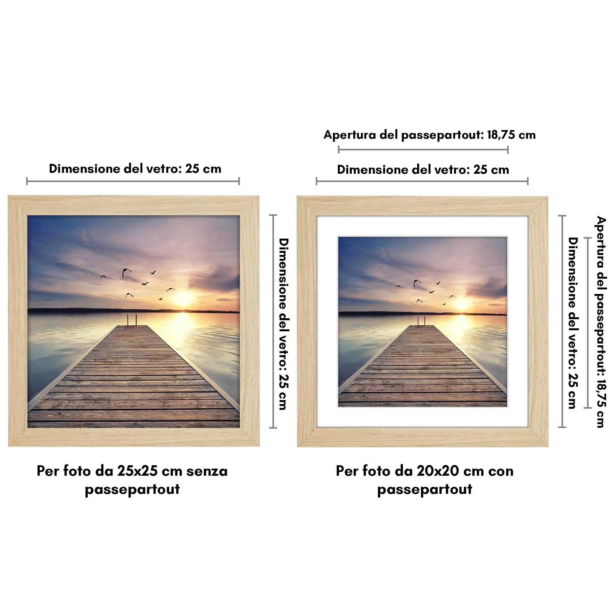 Americanflat Cornice 25x25 cm Rovere Chiaro per Foto 20x20 cm con Passepartout o 25x25 cm senza Passepartout - immagine 3