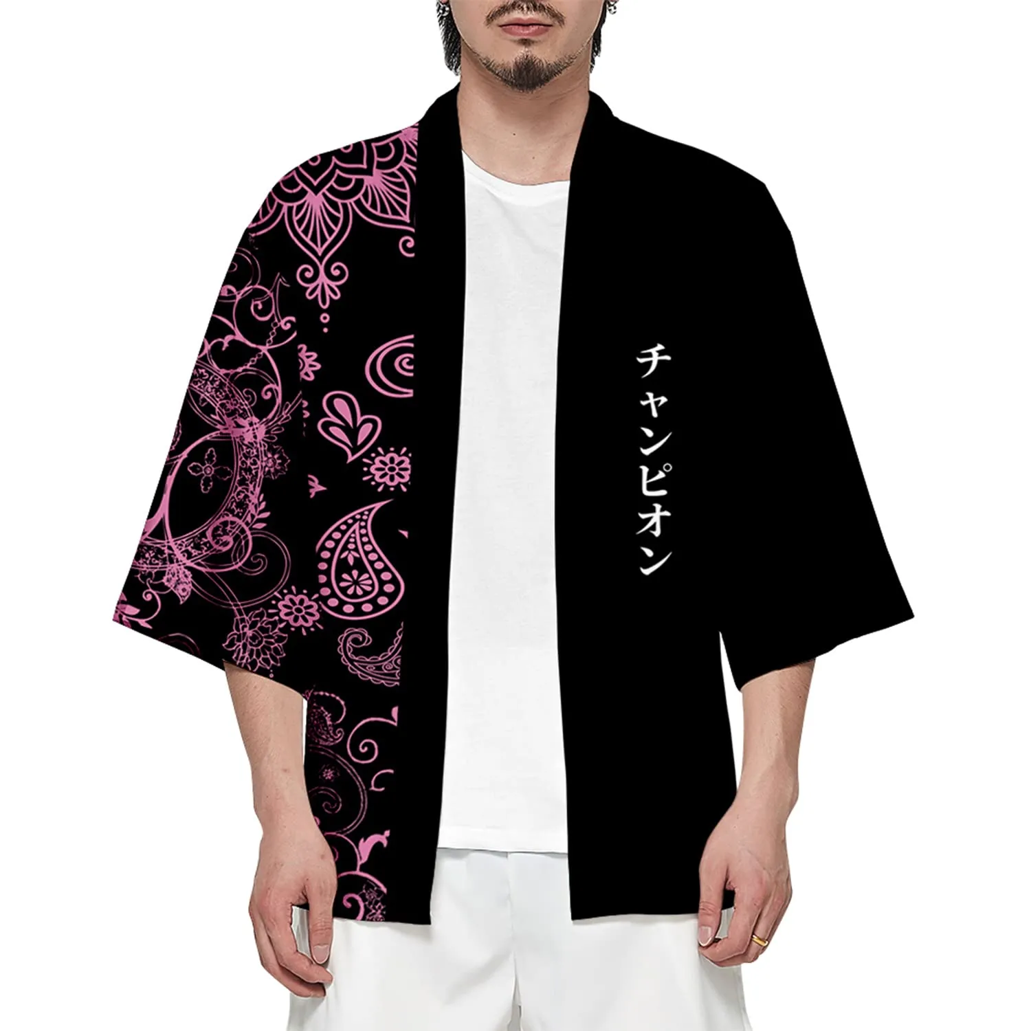 CIZEUR Kimono Shirt Men's 3/4 Sleeve Cardigan Jacket, M Black Pink - immagine 1