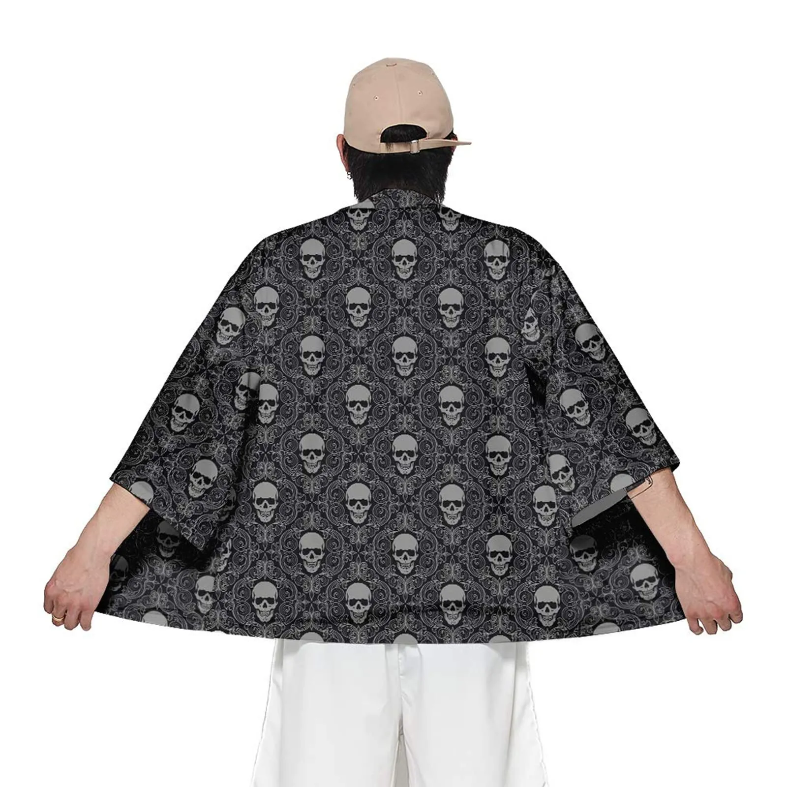 CIZEUR Cardigan Kimono Uomo Giapponese Maniche 3/4 Skull, 2XL - immagine 3