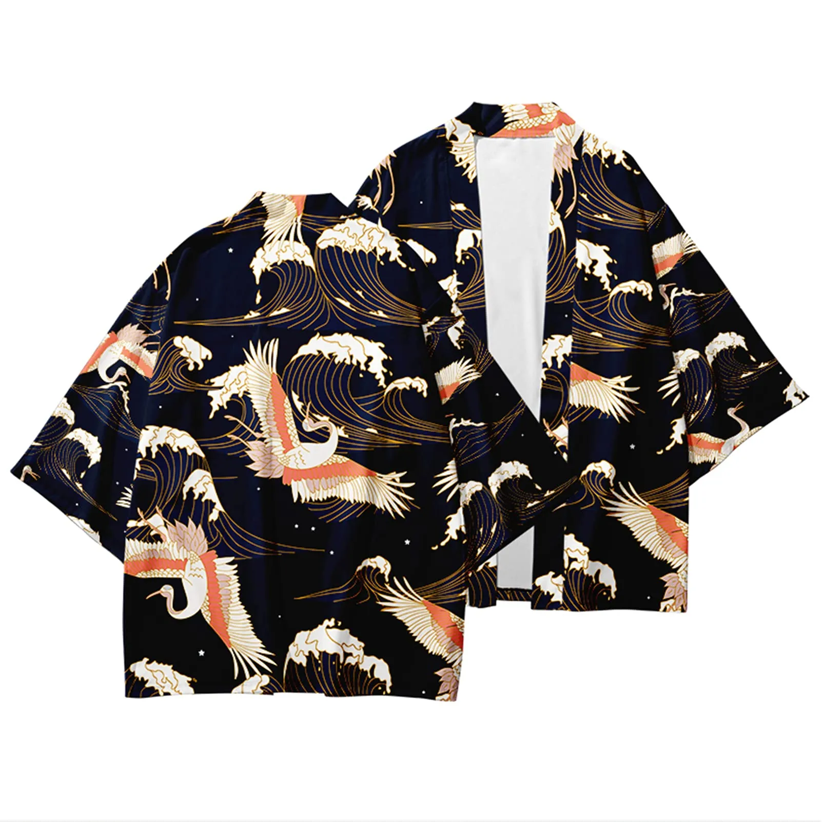 CIZEUR Camicia Kimono Uomo Maniche 3/4 Vintage Gru Bianca Arancione, 3XL - immagine 3