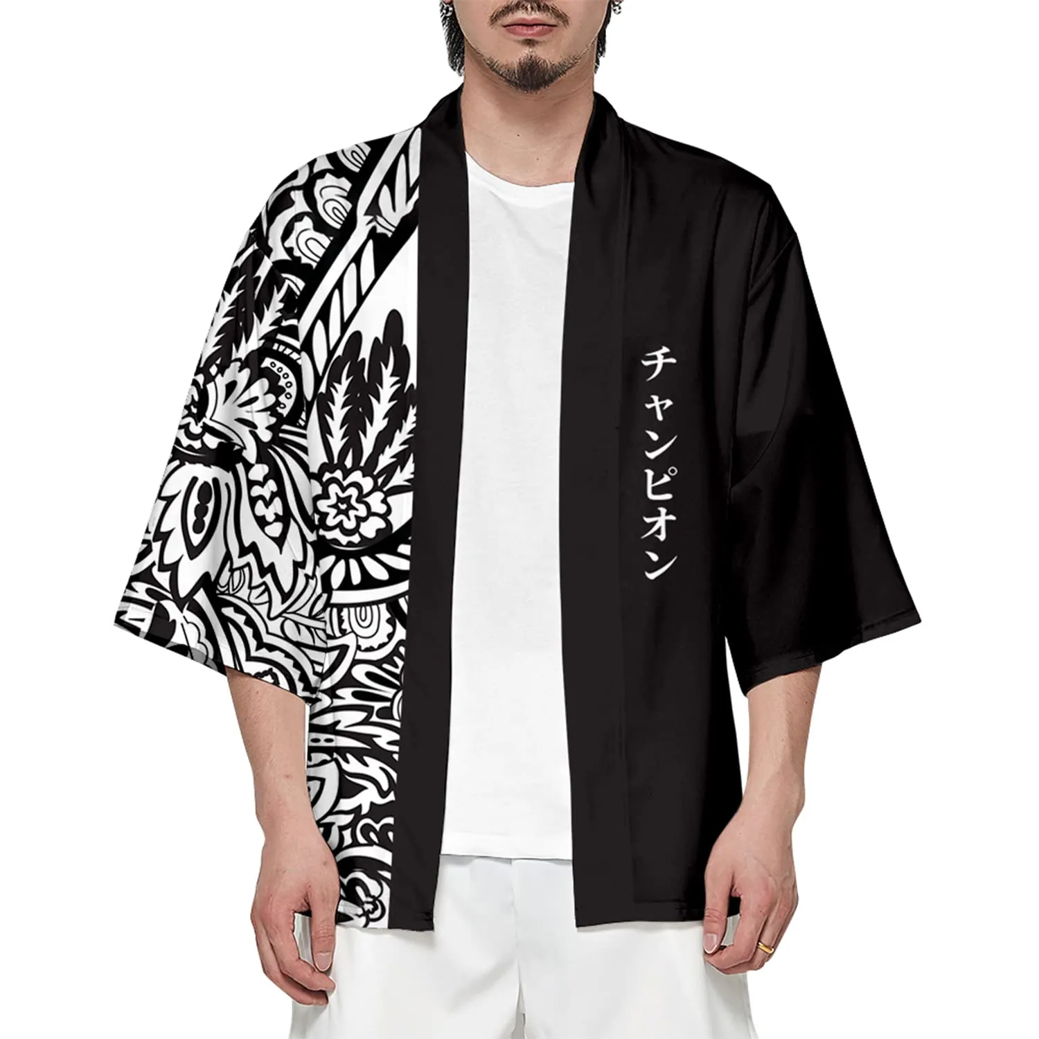 CIZEUR Camicia Kimono Uomo Maniche 3/4, S Black White - immagine 1