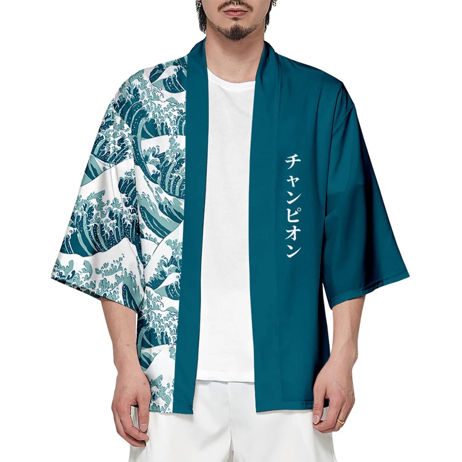 CIZEUR Camicia Kimono Uomo Maniche 3/4, Green Waves, L - immagine 1