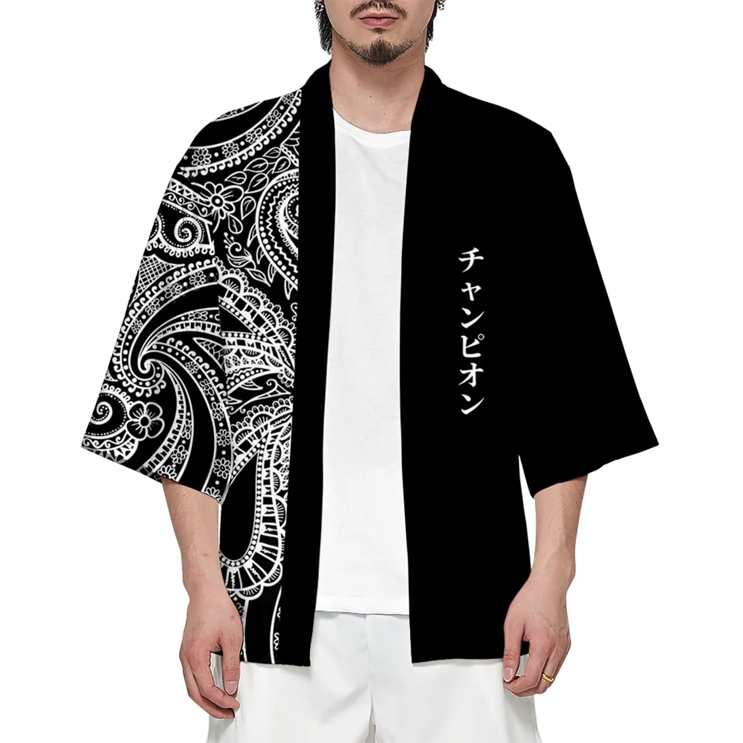 CIZEUR Men's Kimono Cardigan Jacket 3/4 Sleeve, M Black with White Lace - immagine 1