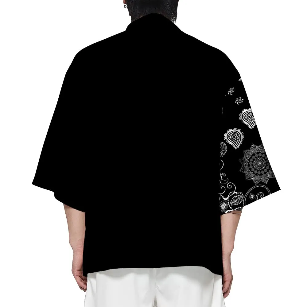 CIZEUR Camicia Kimono Uomo Maniche 3/4, L, Black with White Flowers - immagine 2