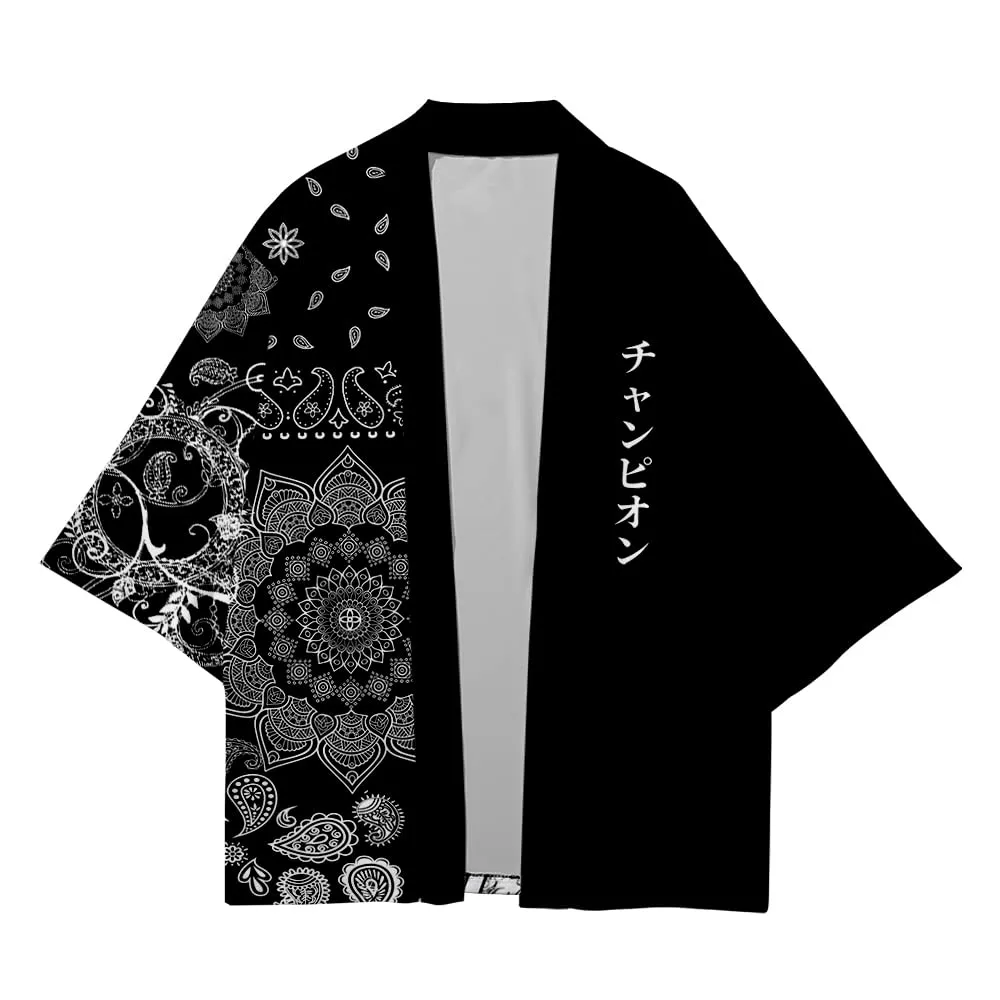 CIZEUR Camicia Kimono Uomo Maniche 3/4, L, Black with White Flowers - immagine 3