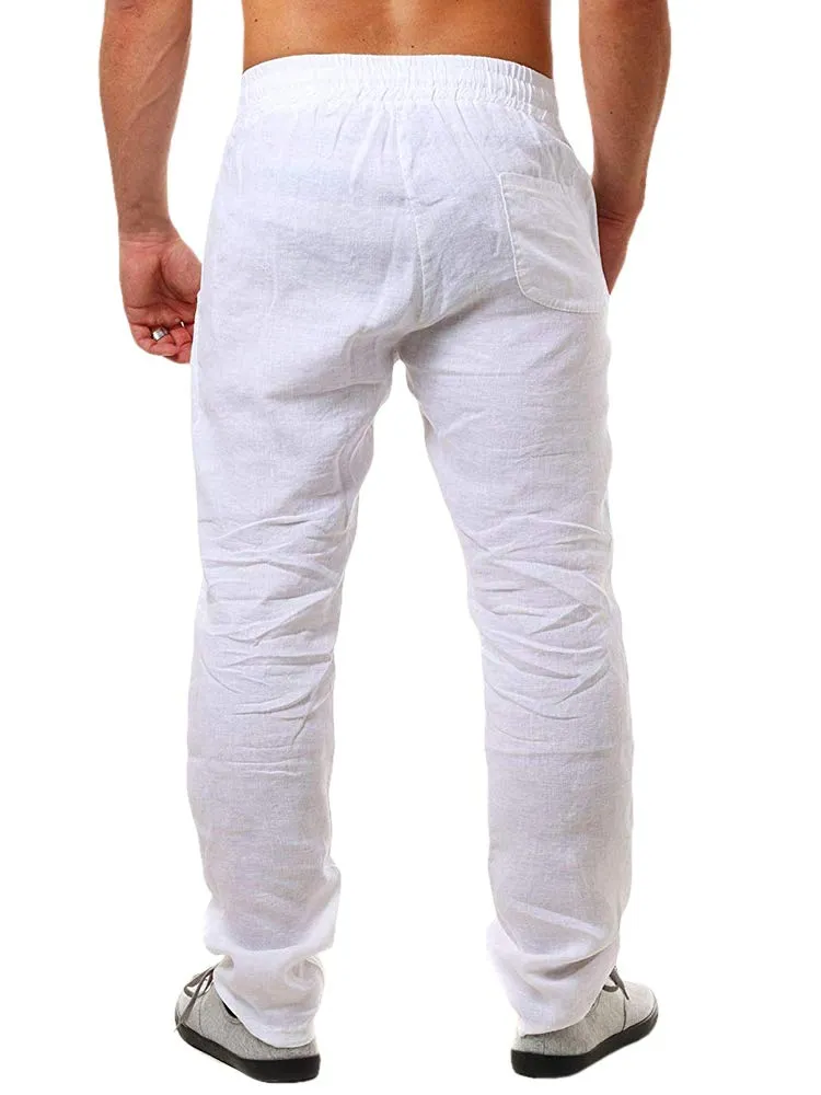 Runcati Pantaloni da uomo in lino e cotone, taglio largo con coulisse, Tinta unita, Bianco, XL - immagine 2