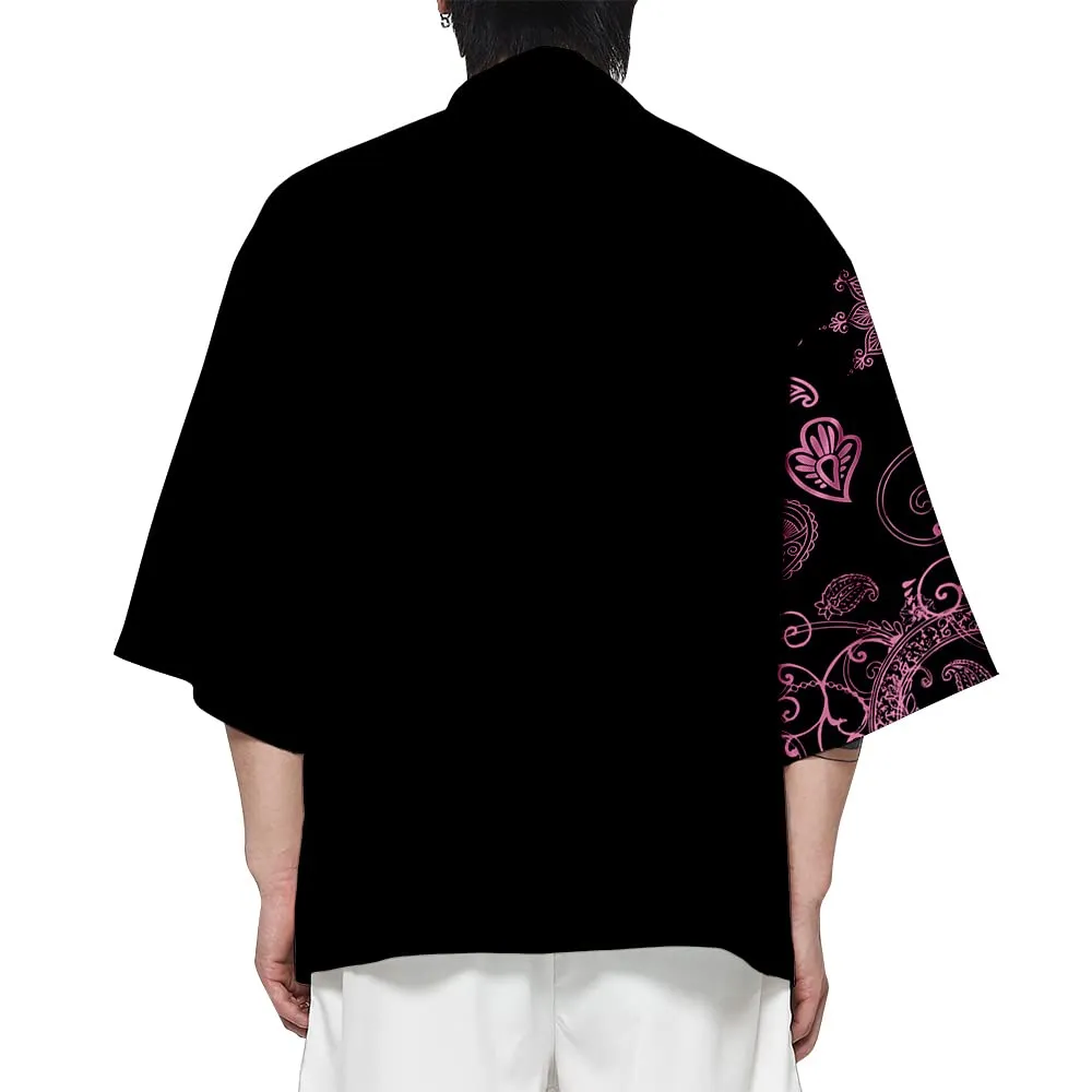 CIZEUR Camicia Kimono Uomo Maniche 3/4 Cardigan Vintage, L, Black Pink - immagine 2