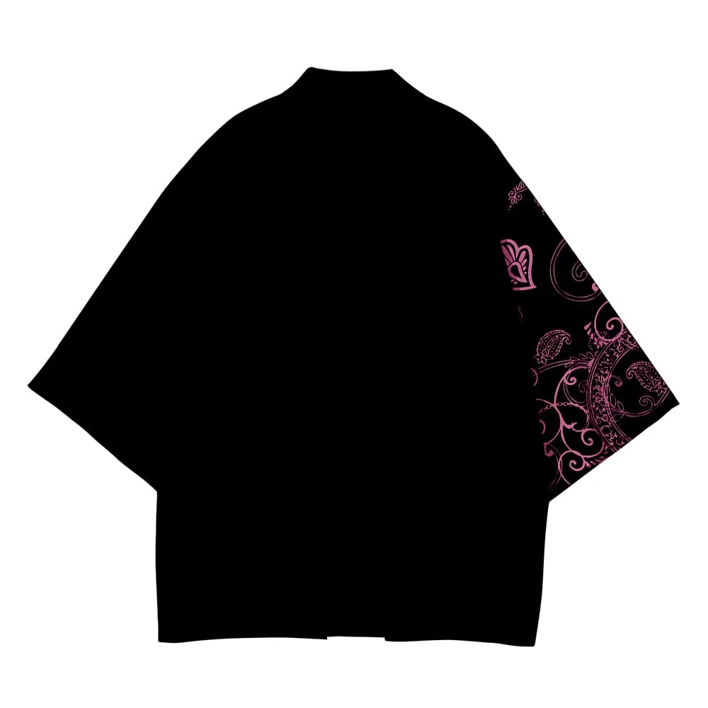 CIZEUR Camicia Kimono Uomo Maniche 3/4 Cardigan Vintage, L, Black Pink - immagine 4