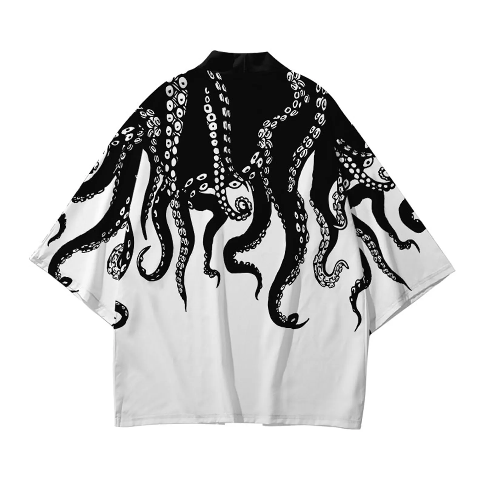 CIZEUR Cardigan Kimono Uomo Giapponese Maniche 3/4 Fantasia Polpo, S BK-WT - immagine 2