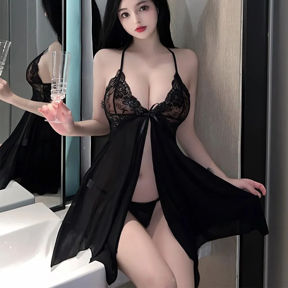 QNCLO Pigiama Sexy in Pizzo per Donna con Maglia, Nero 2, Taglia Unica - immagine 3