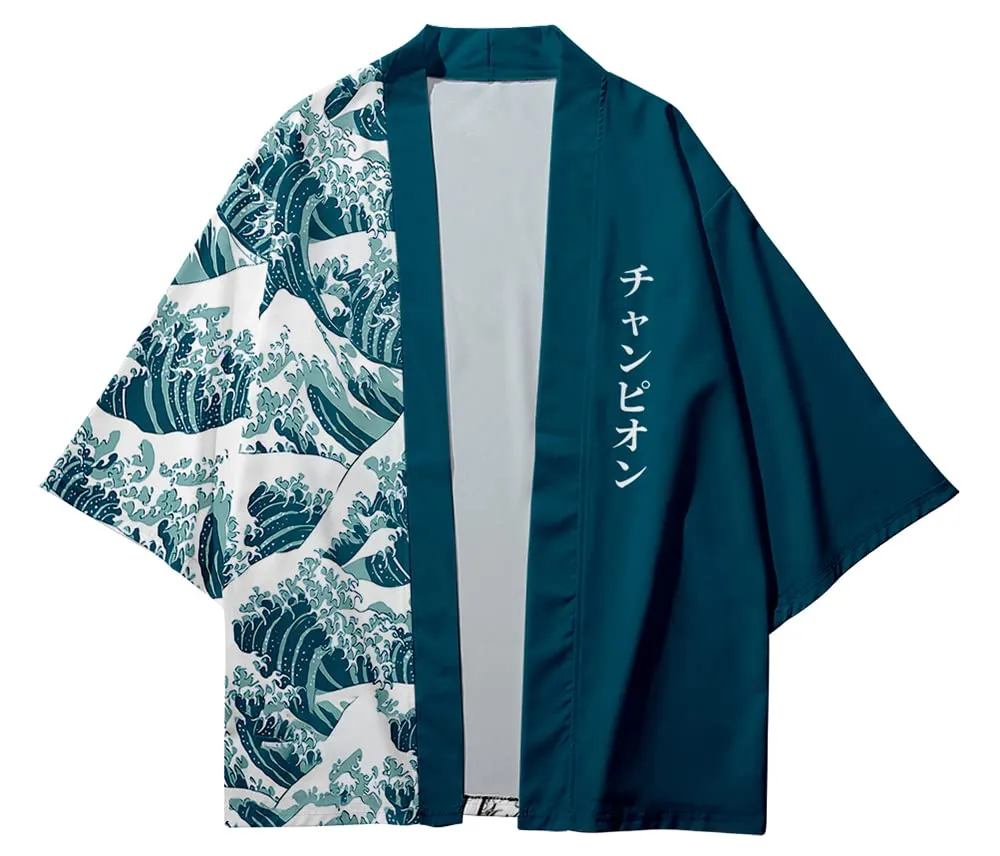 CIZEUR Camicia Kimono Uomo Maniche 3/4, XS Green Waves - immagine 3