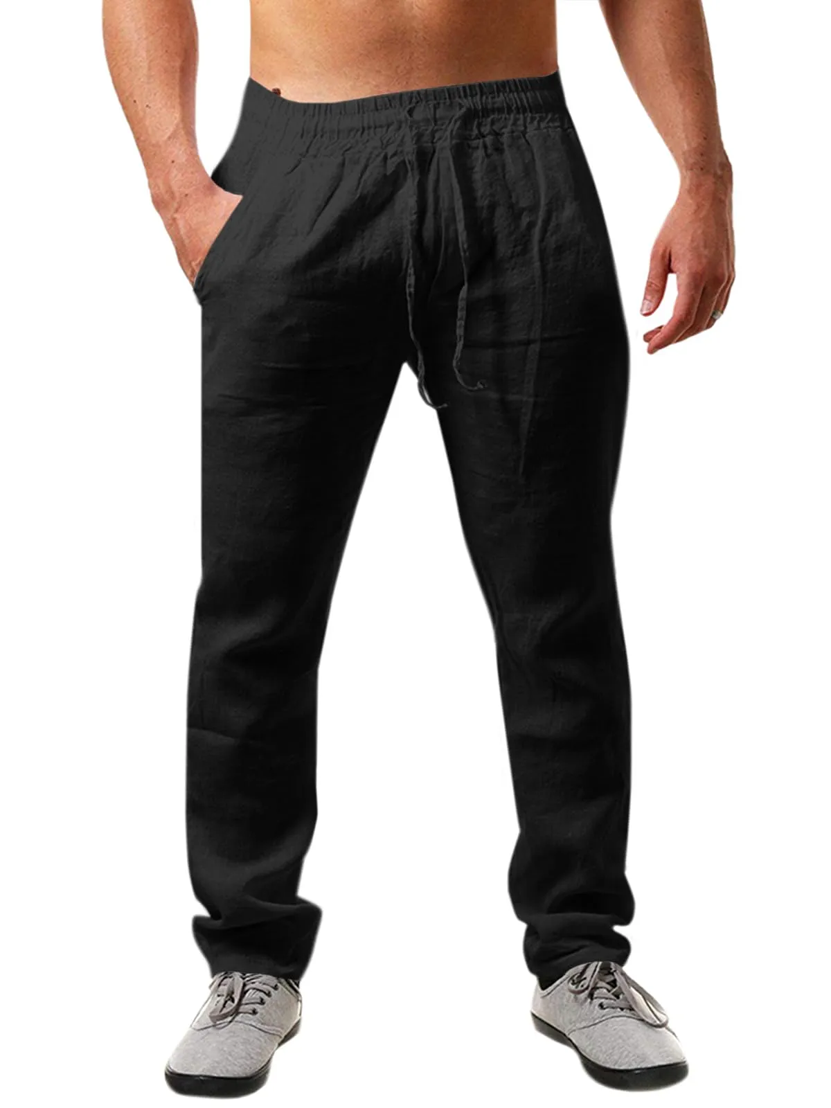 Runcati Pantaloni da Uomo in Lino e Cotone, Taglio Largo con Coulisse, Tinta Unita, Nero, XL - immagine 1